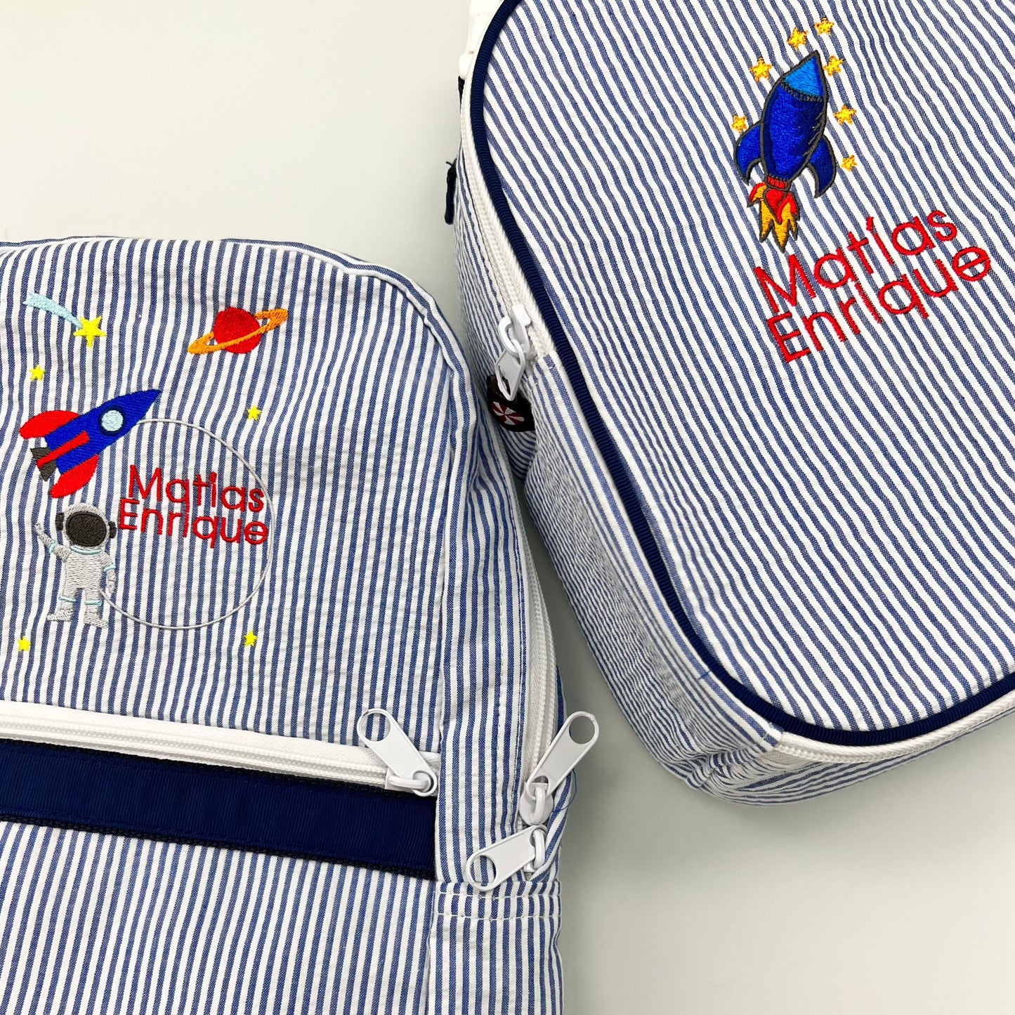 Personalized Seersucker Blue Navy Small Backpack - Give Wink