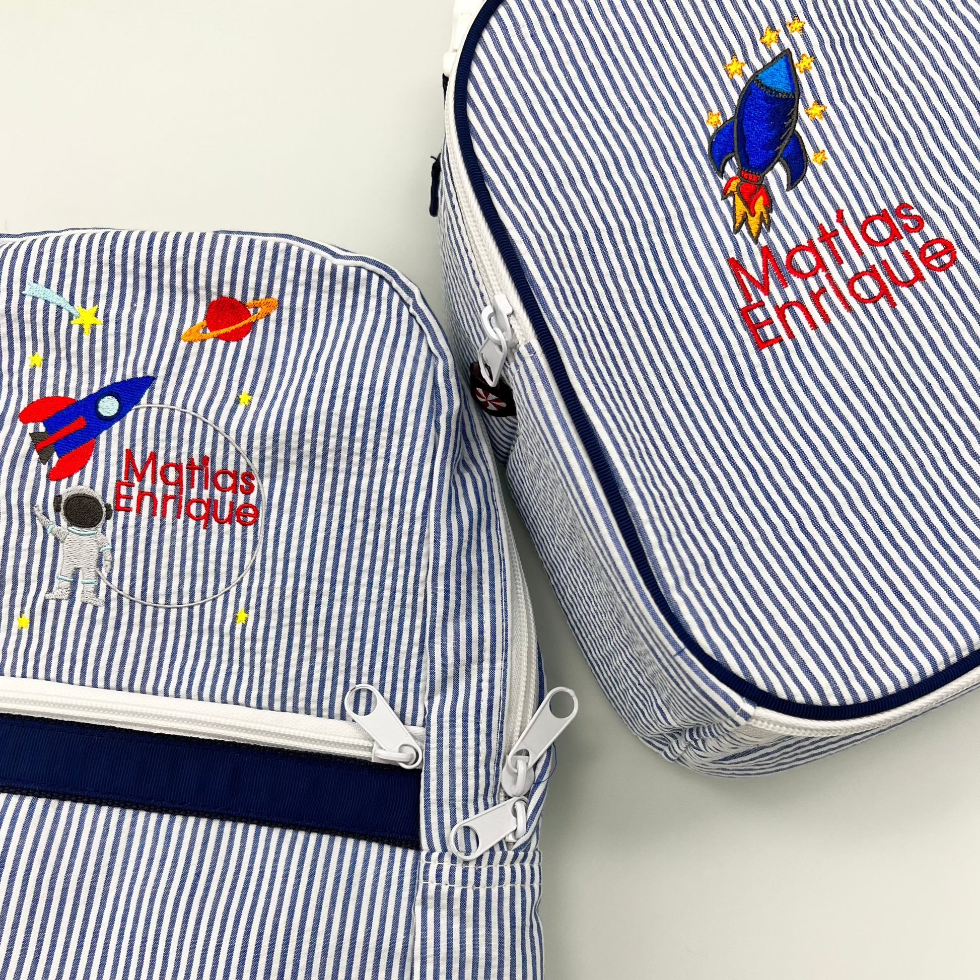 Personalized Seersucker Blue Navy Small Backpack - Give Wink
