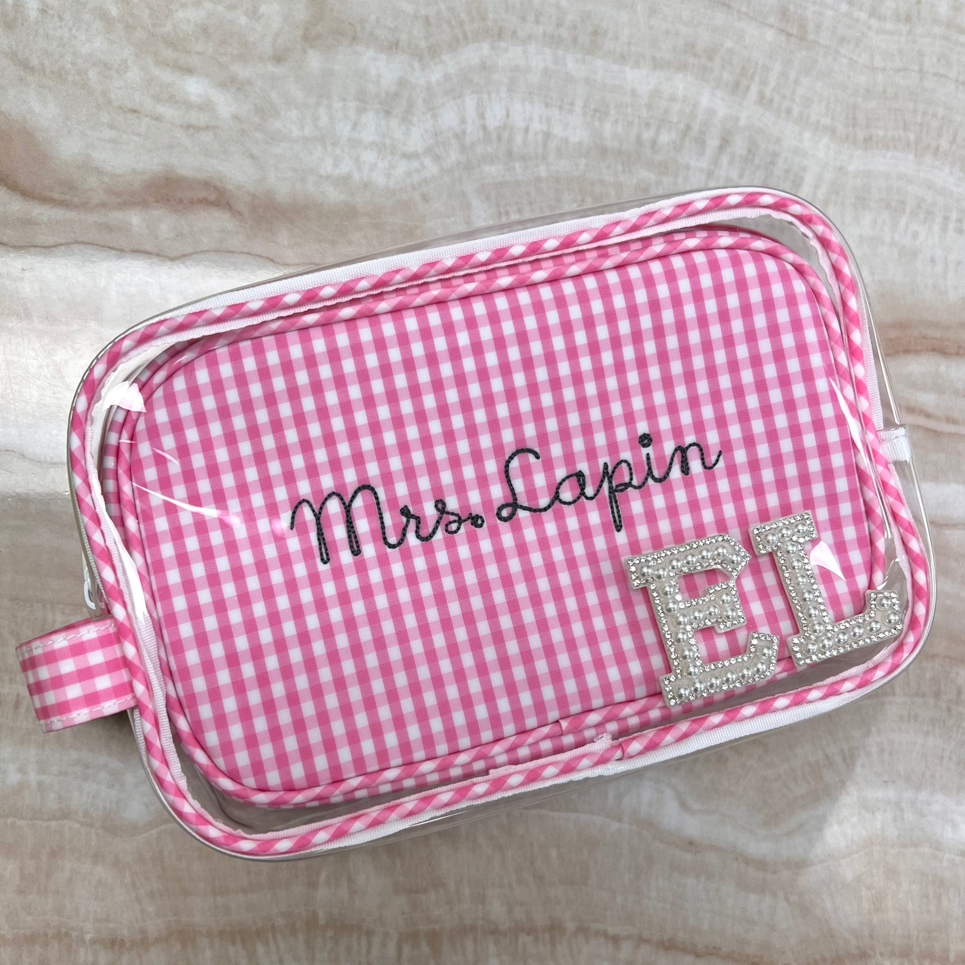 Personalized Pink Gingham Clear Duo Pouch - Give Wink