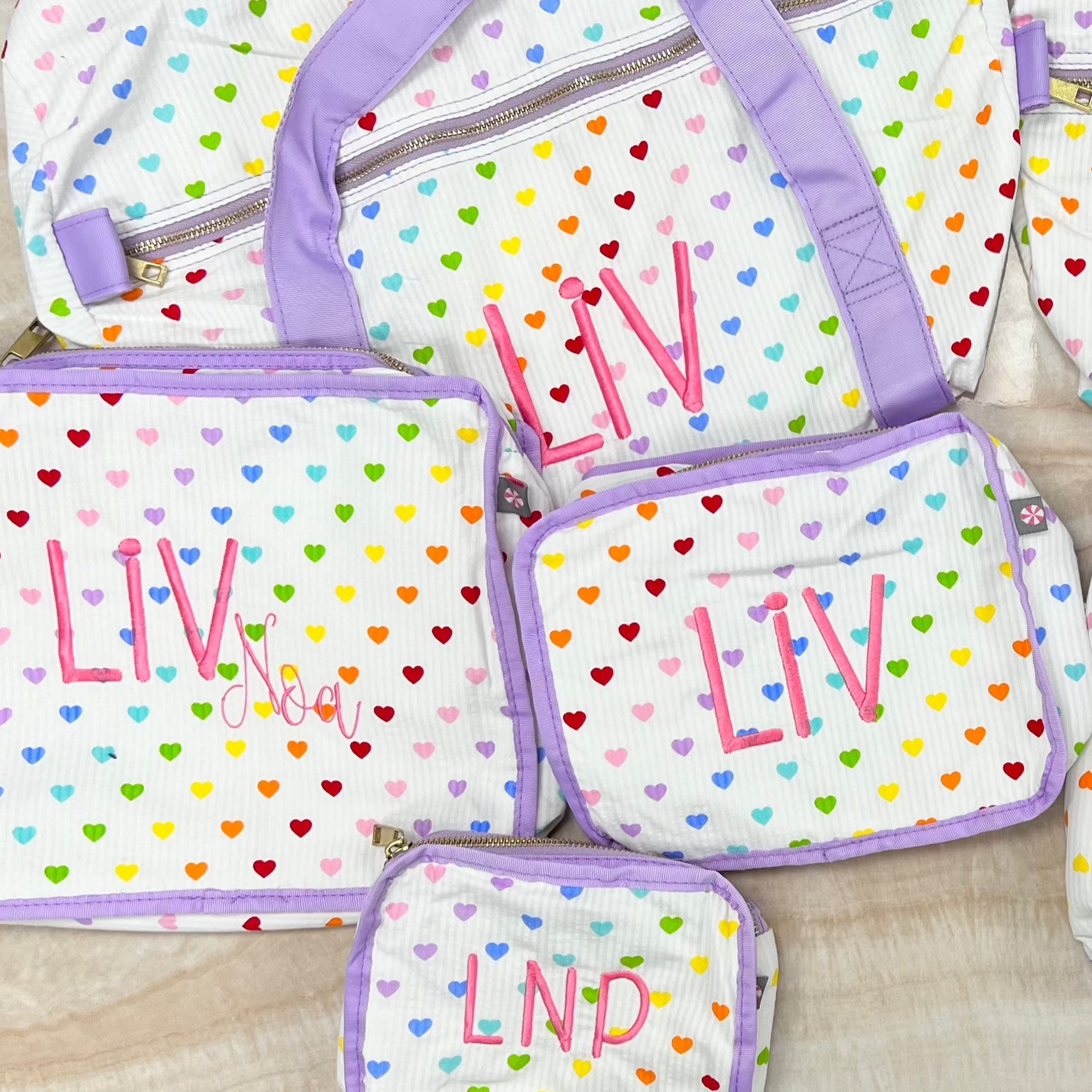 Personalized Seersucker Tiny Hearts Duffel Bag - Give Wink