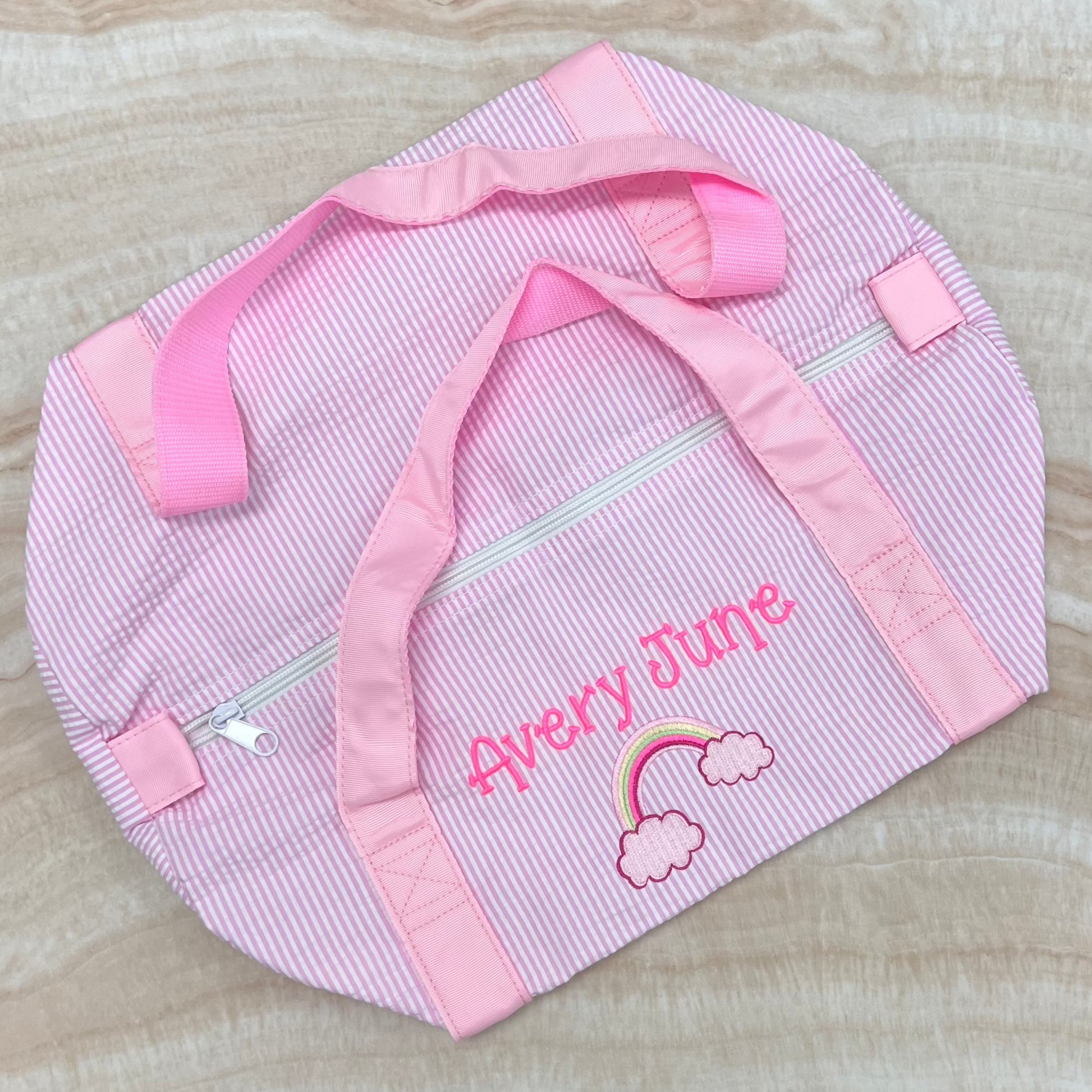 Personalized Seersucker Baby Pink Duffel Bag - Give Wink