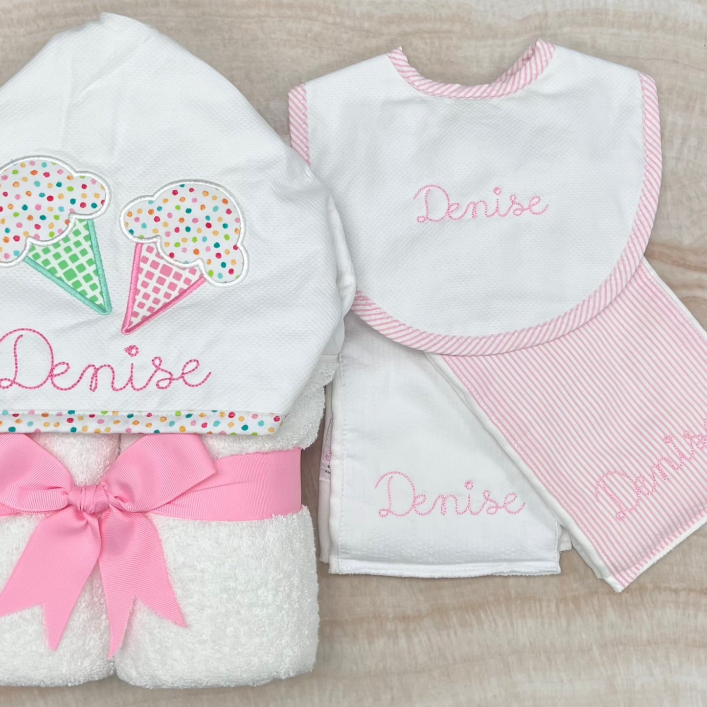 Personalized Baby Girl Pink Seersucker Stripe Pique Medium Bib - Give Wink