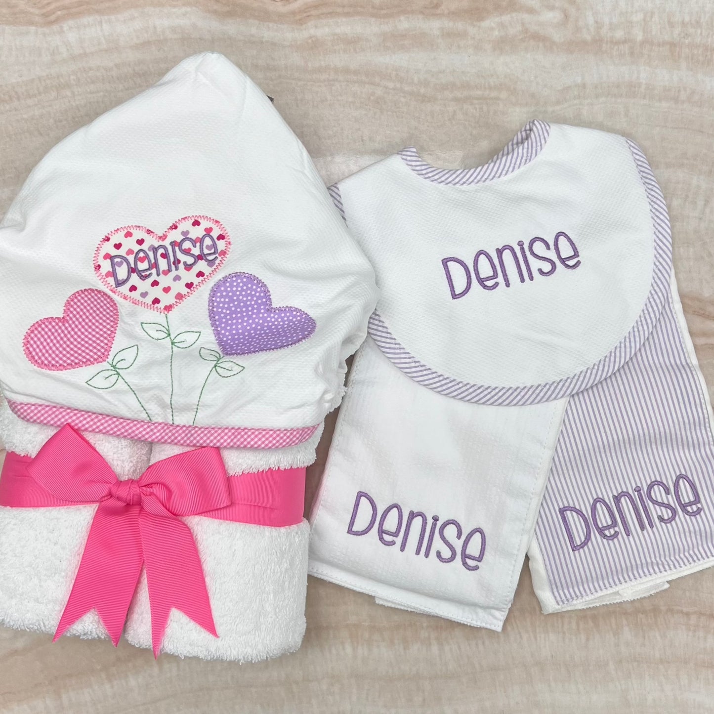 Personalized Baby Girl Lilac Seersucker Stripe Pique Medium Bib - Give Wink