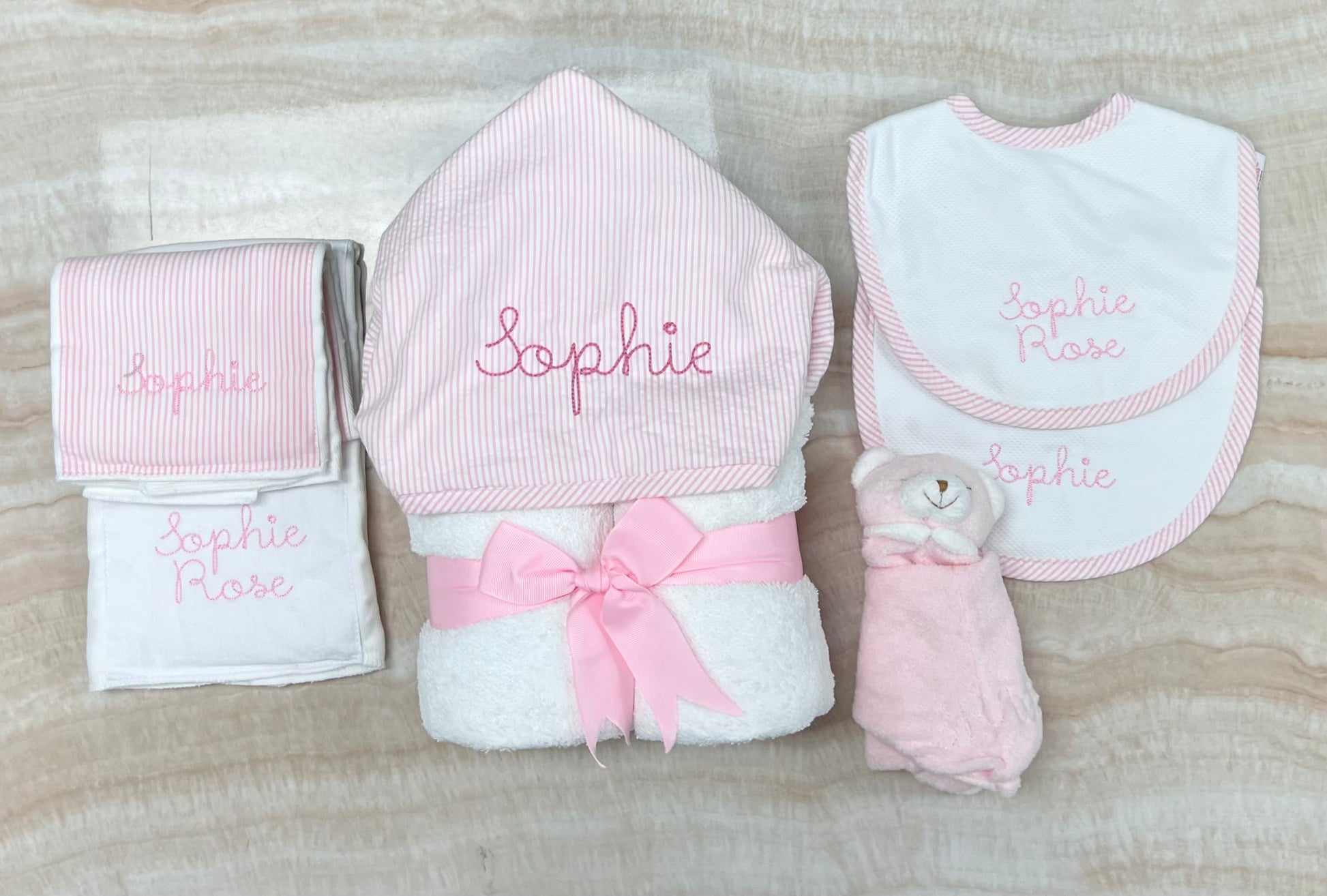 Personalized Baby Girl  Pink Seersucker Stripe Hooded Towel - Give Wink