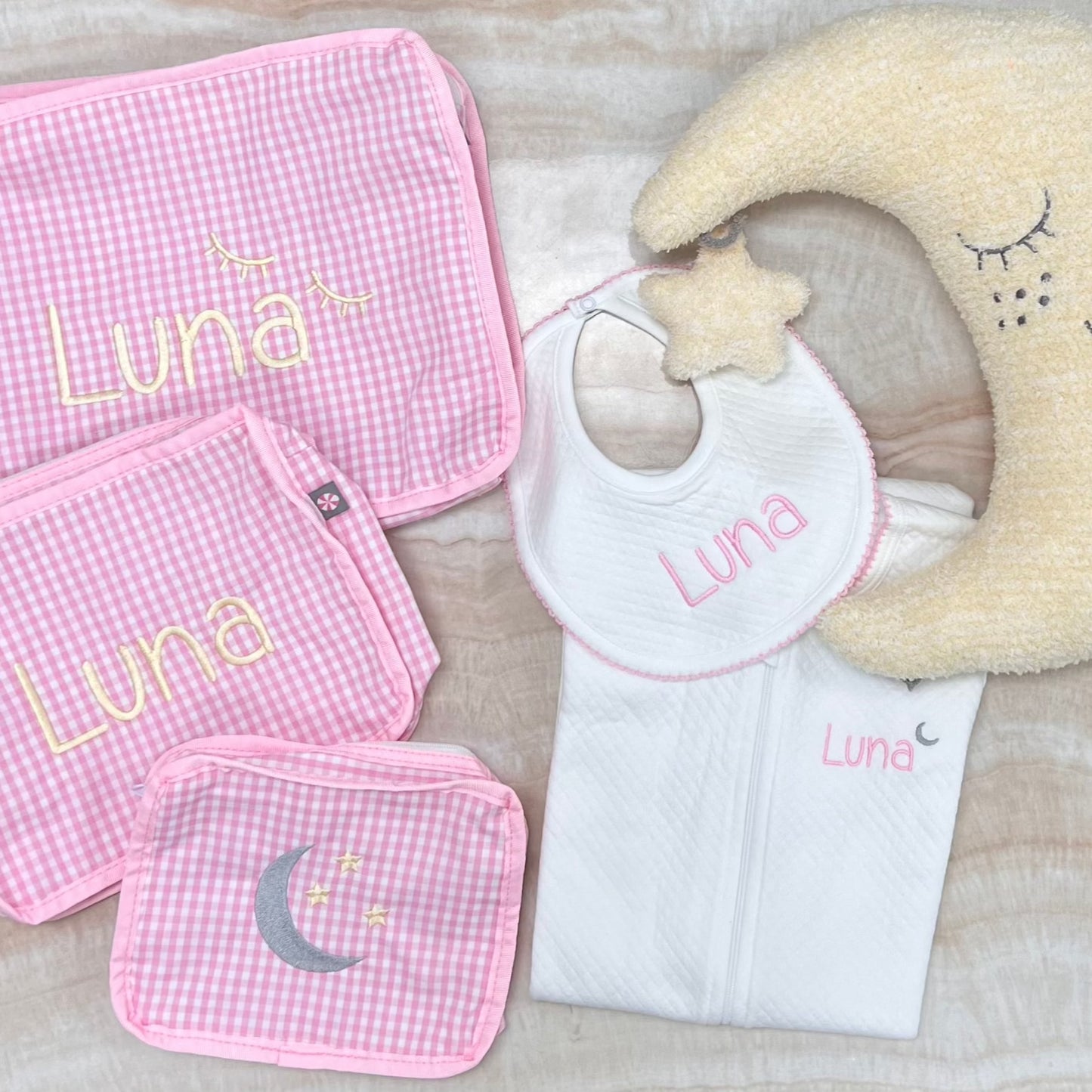 Personalized Gingham Baby Pink Organizing Trio - Give Wink