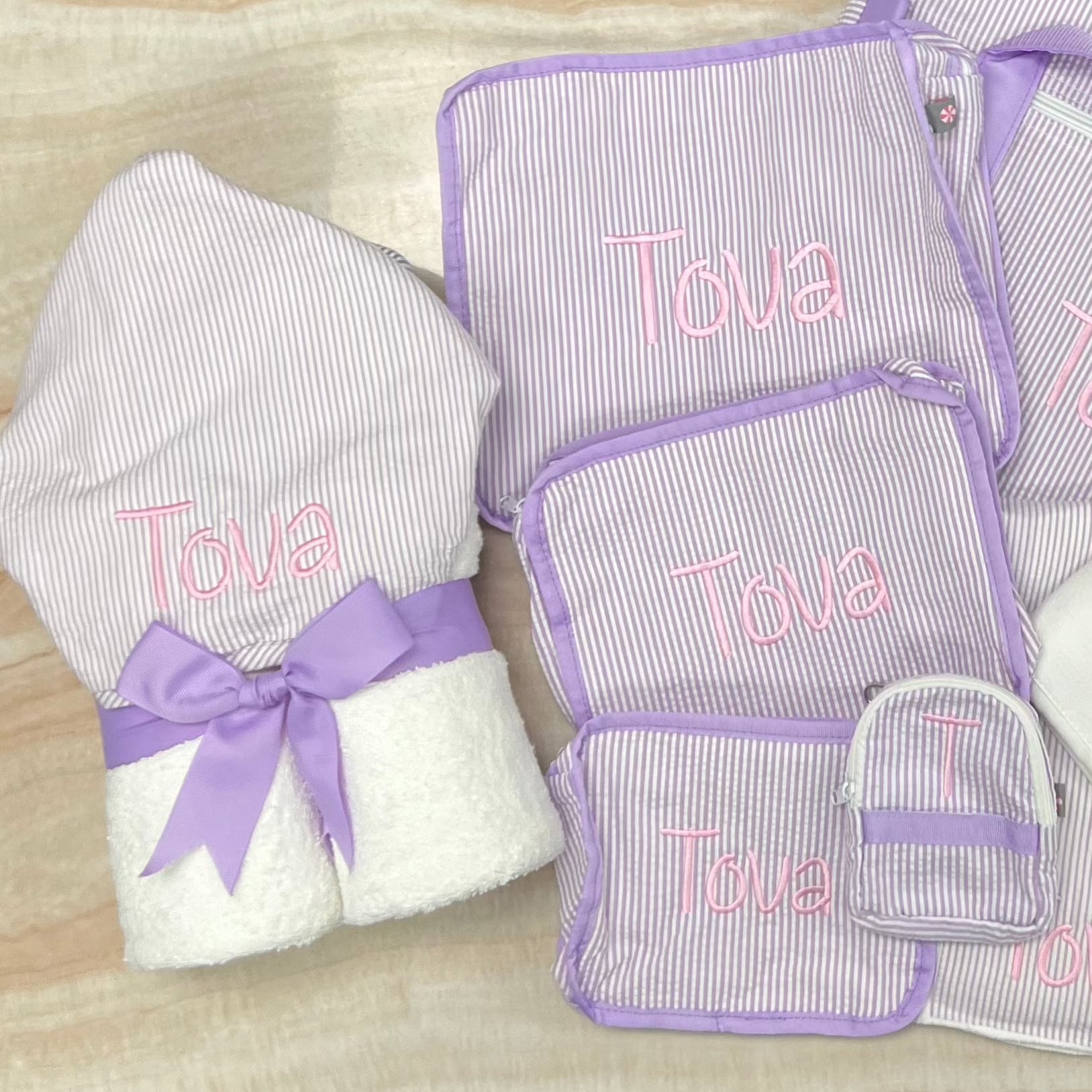 Personalized Baby Girl Lilac Seersucker Stripe Hooded Towel - Give Wink