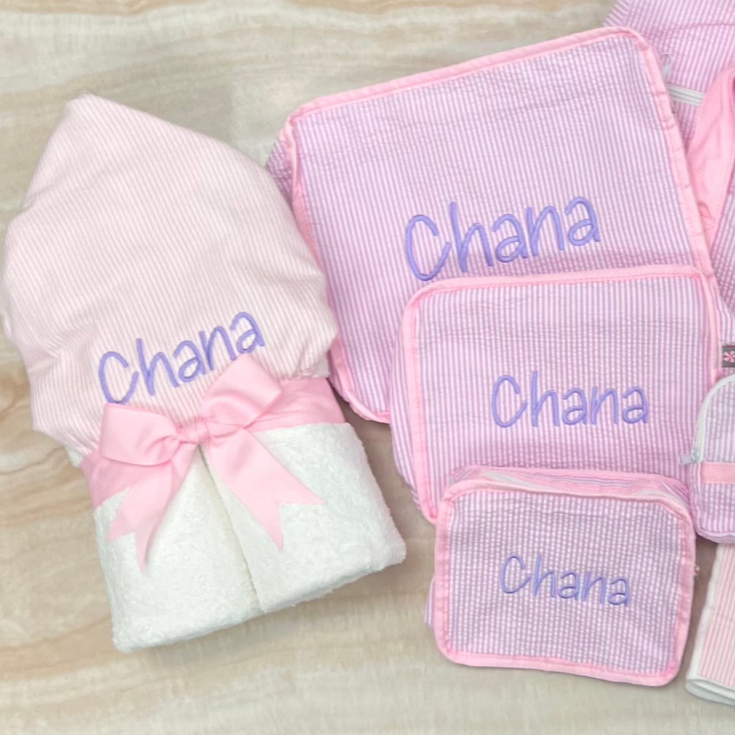 Personalized Baby Girl  Pink Seersucker Stripe Hooded Towel - Give Wink