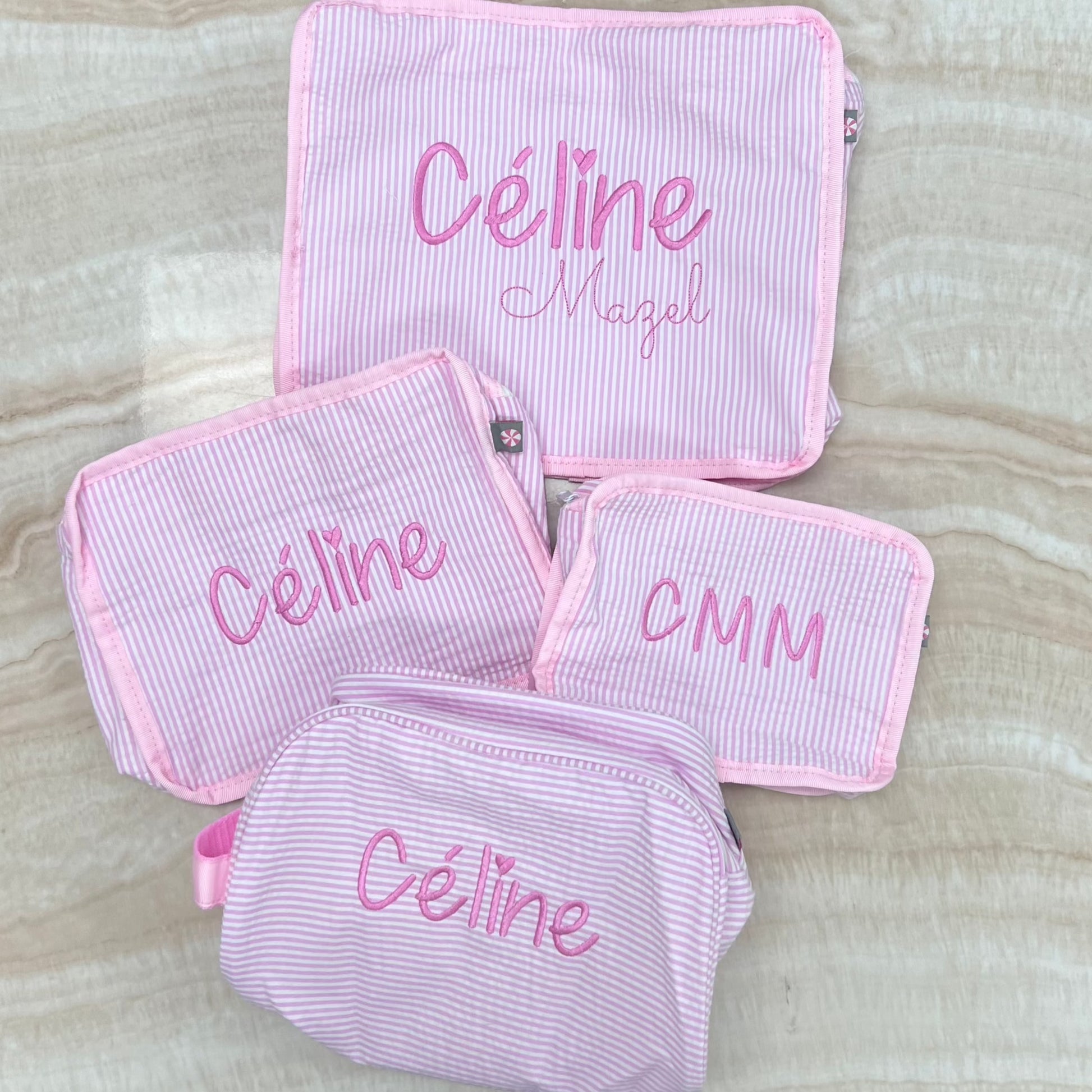 Personalized Seersucker Baby Pink Traveler Pouch - Give Wink
