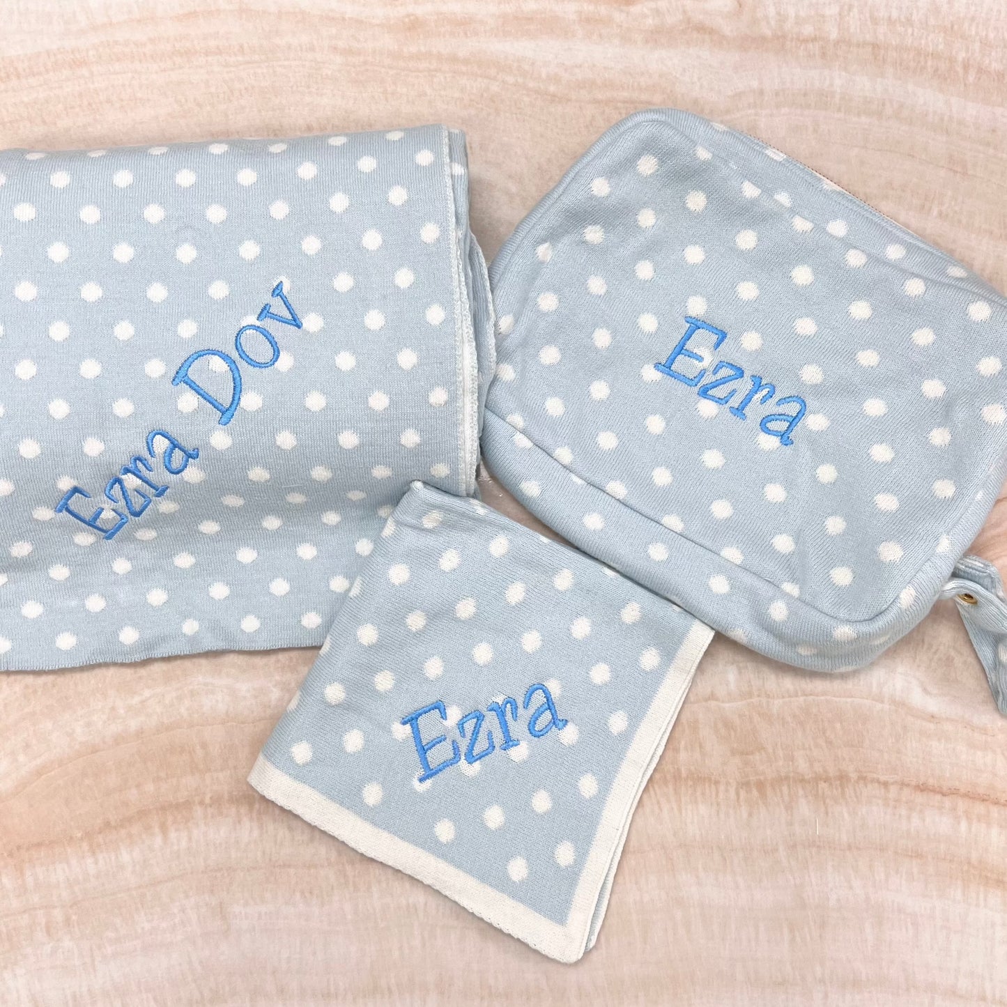 Polka Dots 3 Piece Knitted Baby Travel Set -  Blue / Natural - Give Wink