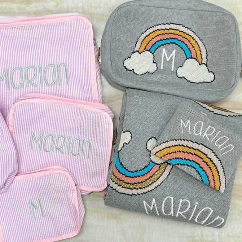 Personalized Baby Travel Set Grey / Gold Rainbow 3 Piece Knitted - Give Wink