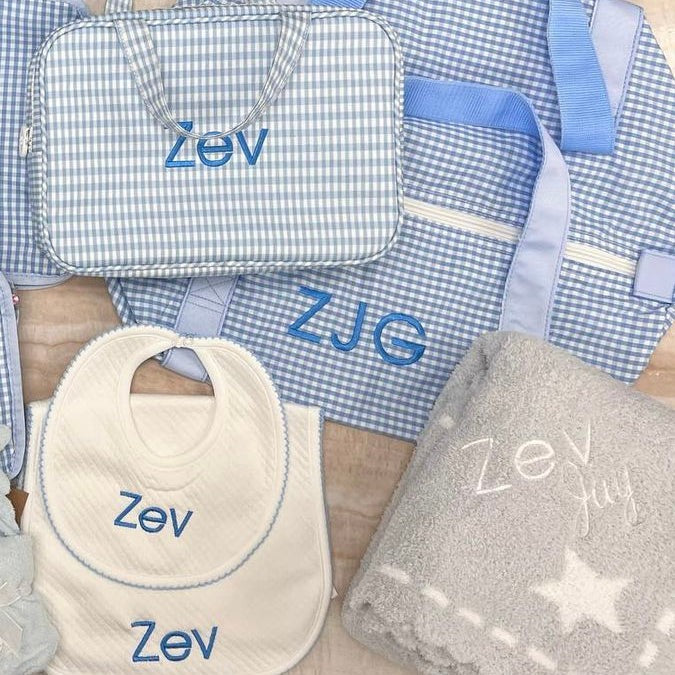 Personalized Gingham Baby Blue Duffel Bag - Give Wink