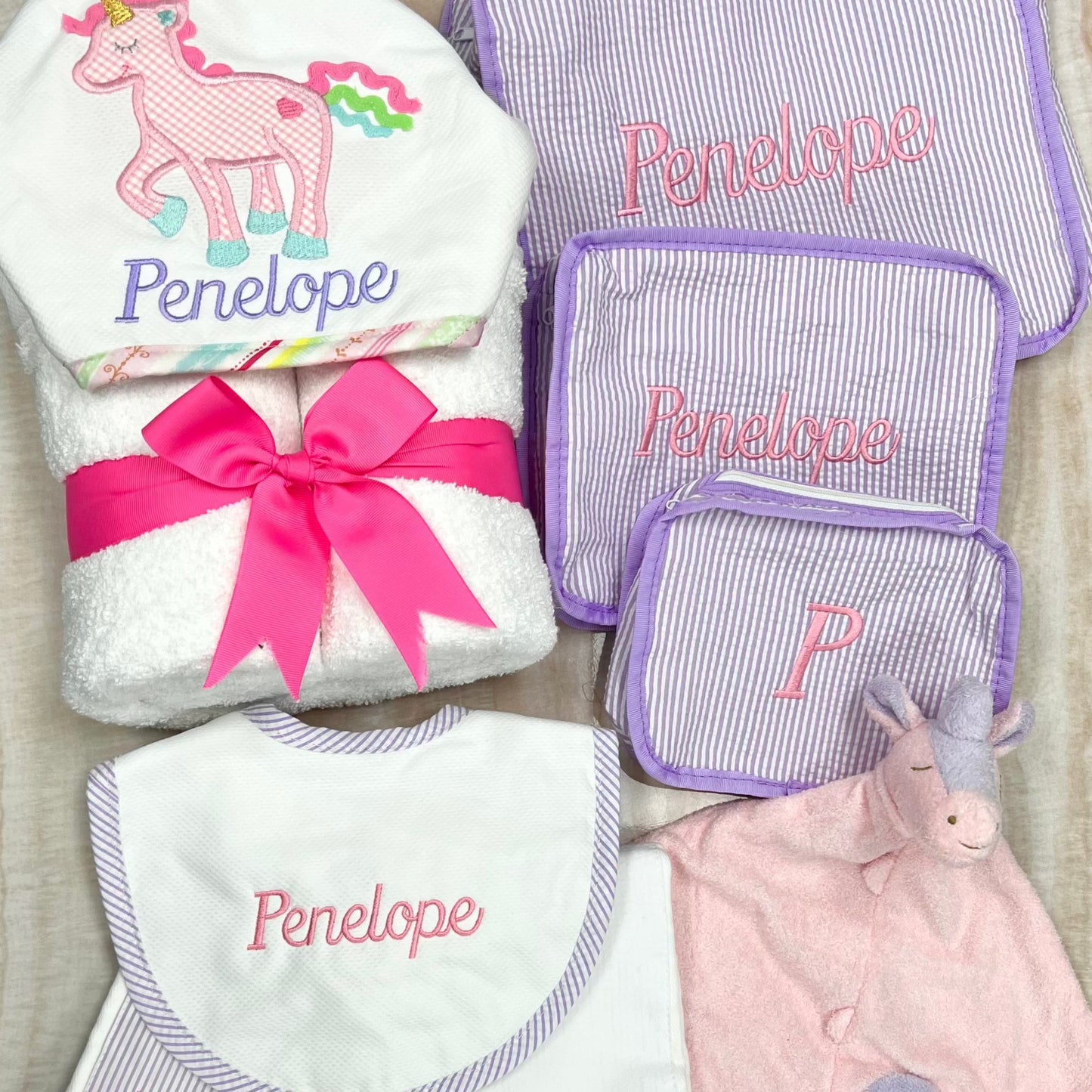 Personalized Baby Girl Lilac Seersucker Stripe Pique Medium Bib - Give Wink