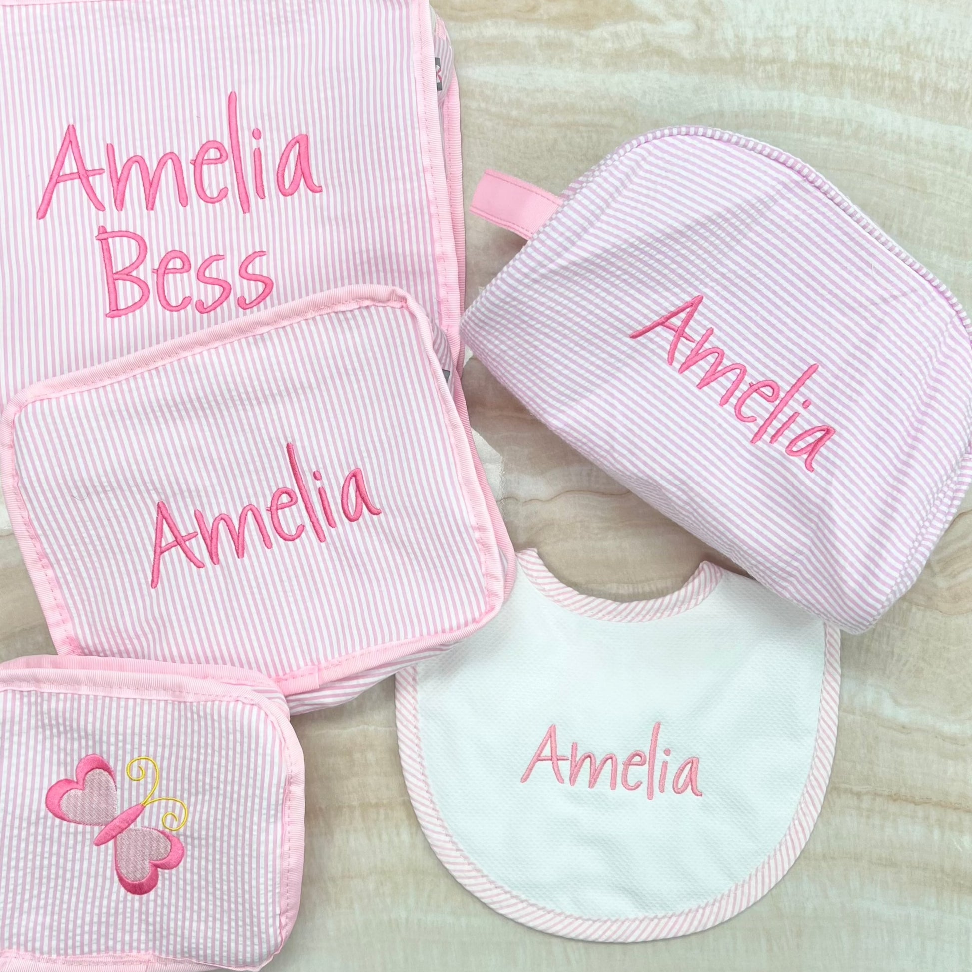 Personalized Baby Girl Pink Seersucker Stripe Pique Medium Bib - Give Wink