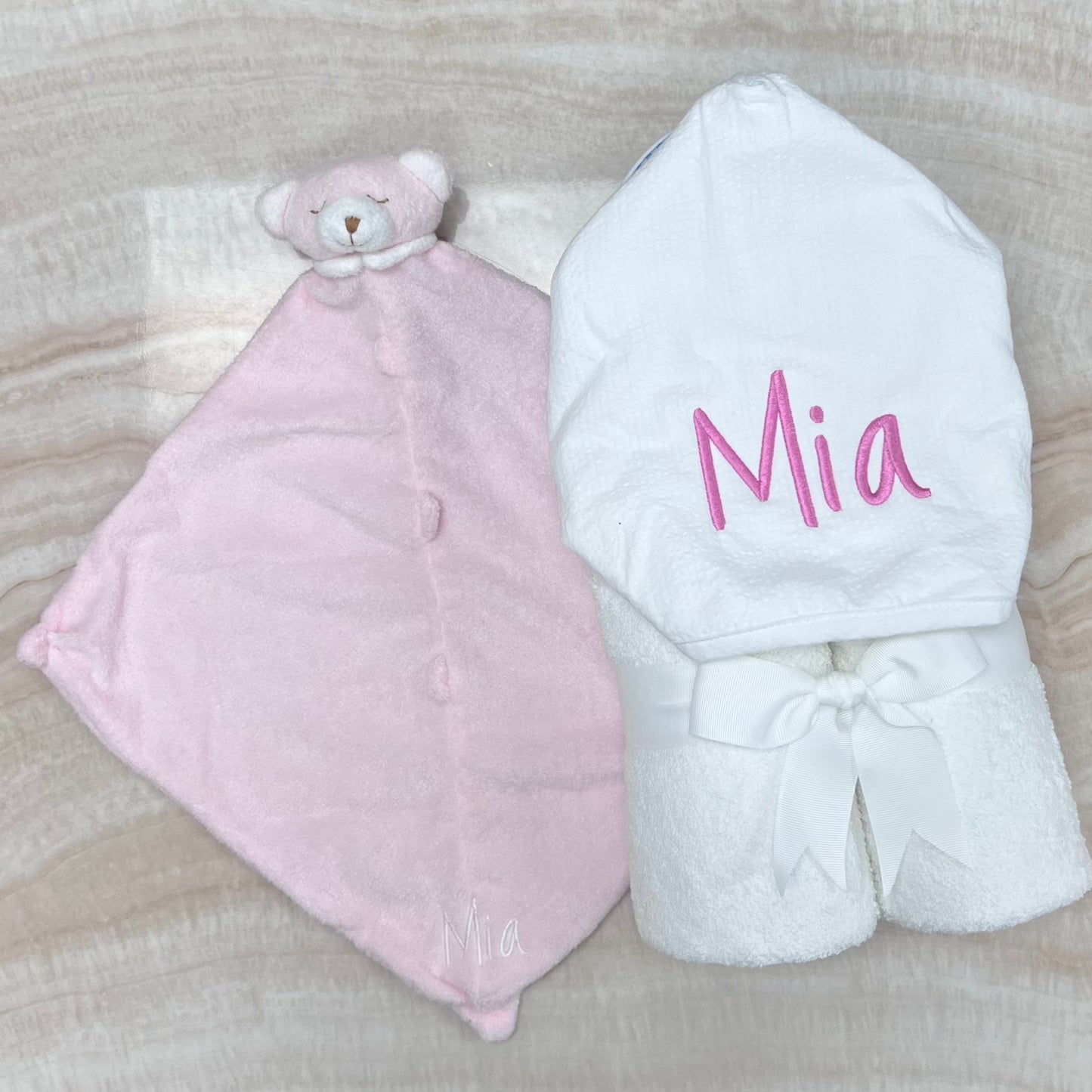 Personalized White Seersucker Stripe Baby Hooded Towel - Give Wink