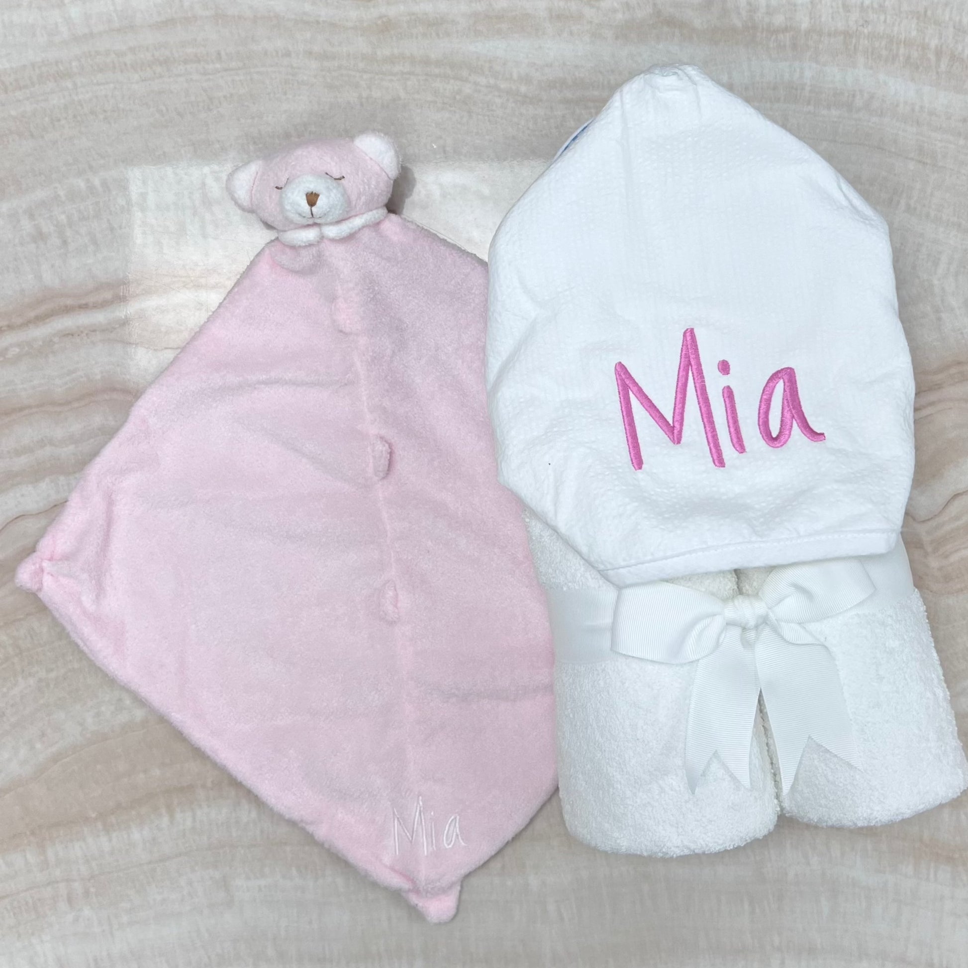 Personalized White Seersucker Stripe Baby Hooded Towel - Give Wink