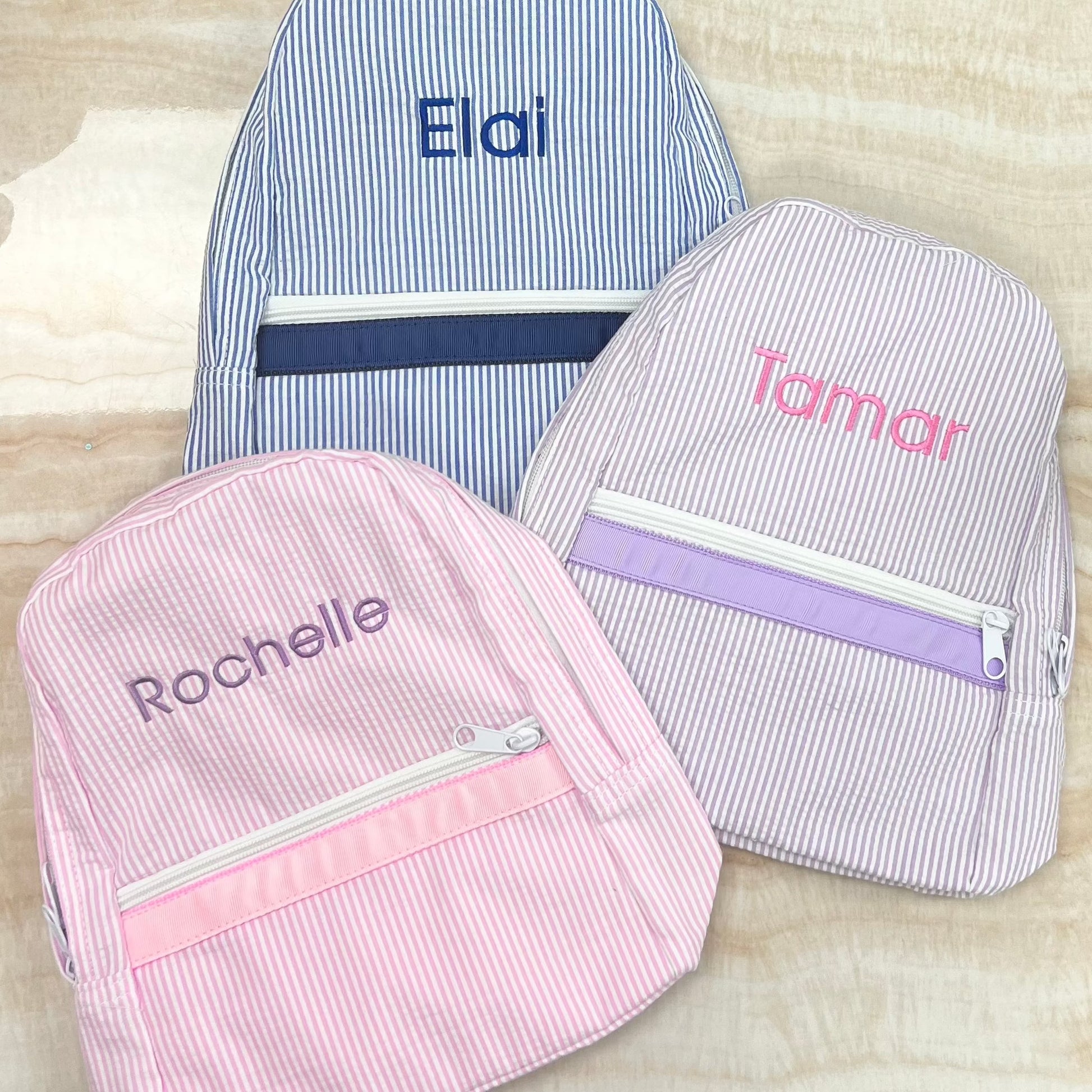 Personalized Seersucker Baby Pink Large Backpack w/ Pockets - Give Wink