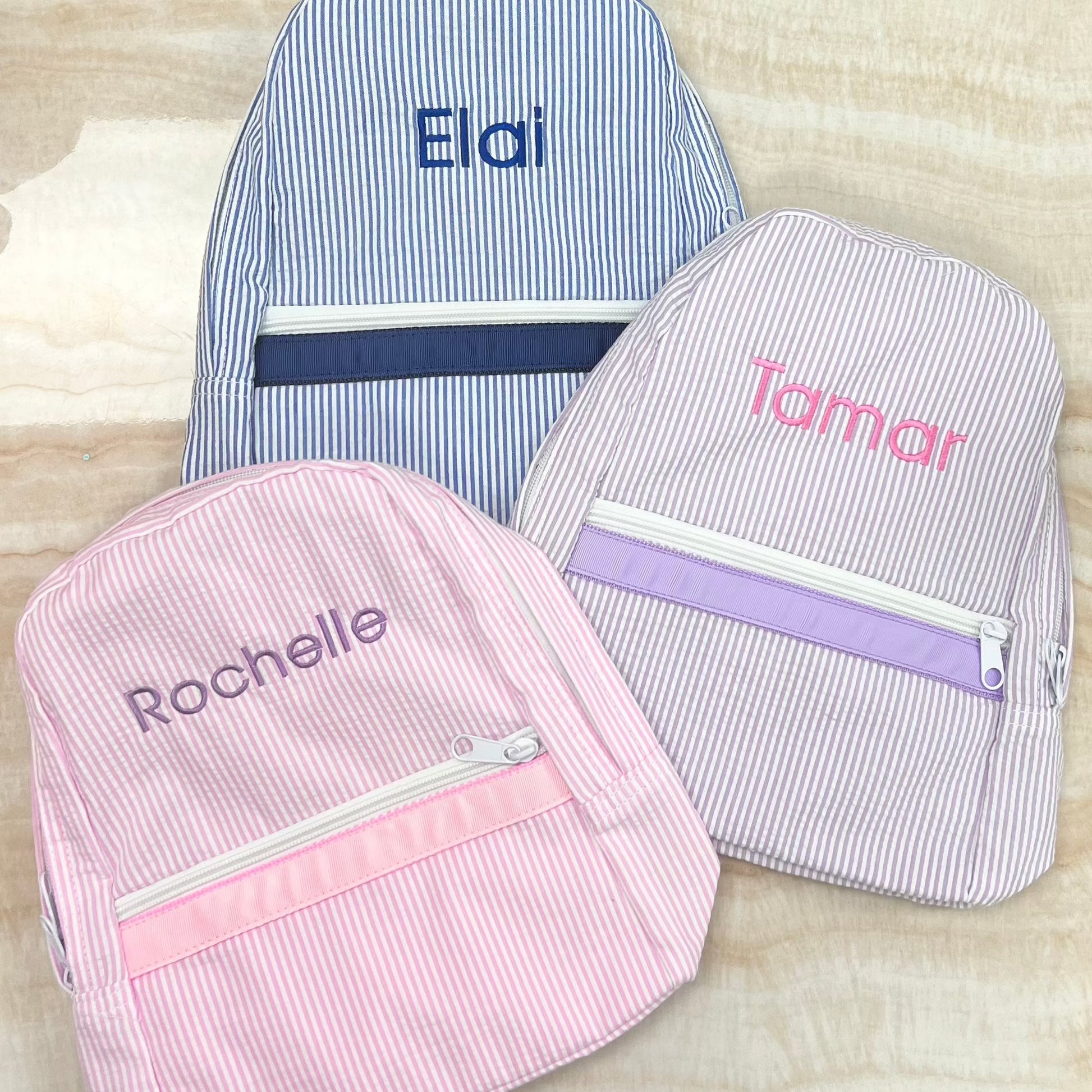 Personalized Seersucker Lilac Large Backpack w/Pockets - Give Wink