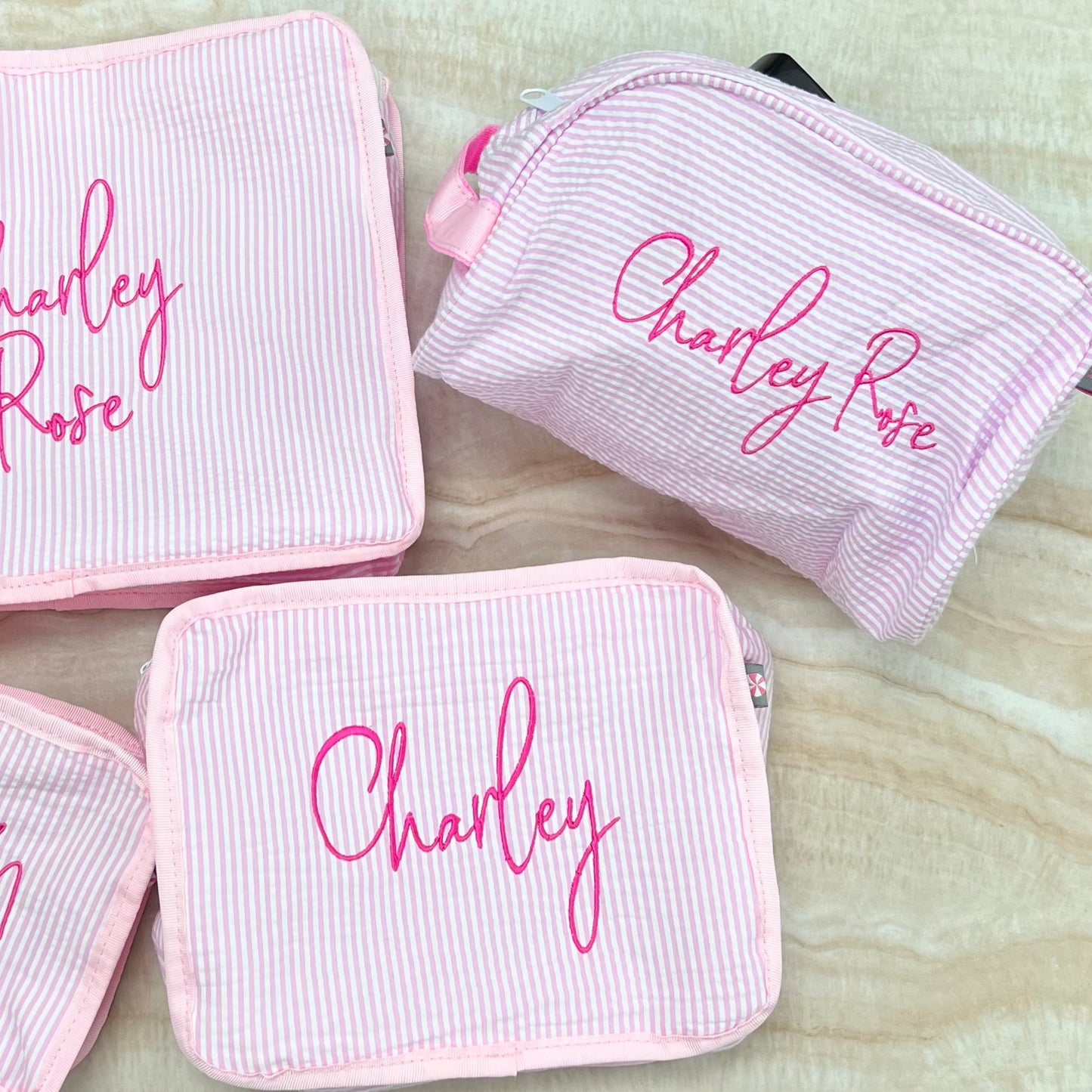 Personalized Seersucker Baby Pink Traveler Pouch - Give Wink