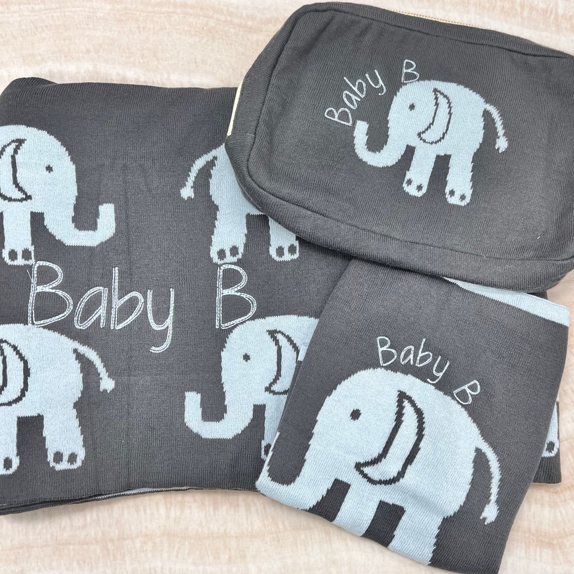 Elephant 3 Piece Knitted Baby Travel Set - Blue / Grey - Give Wink