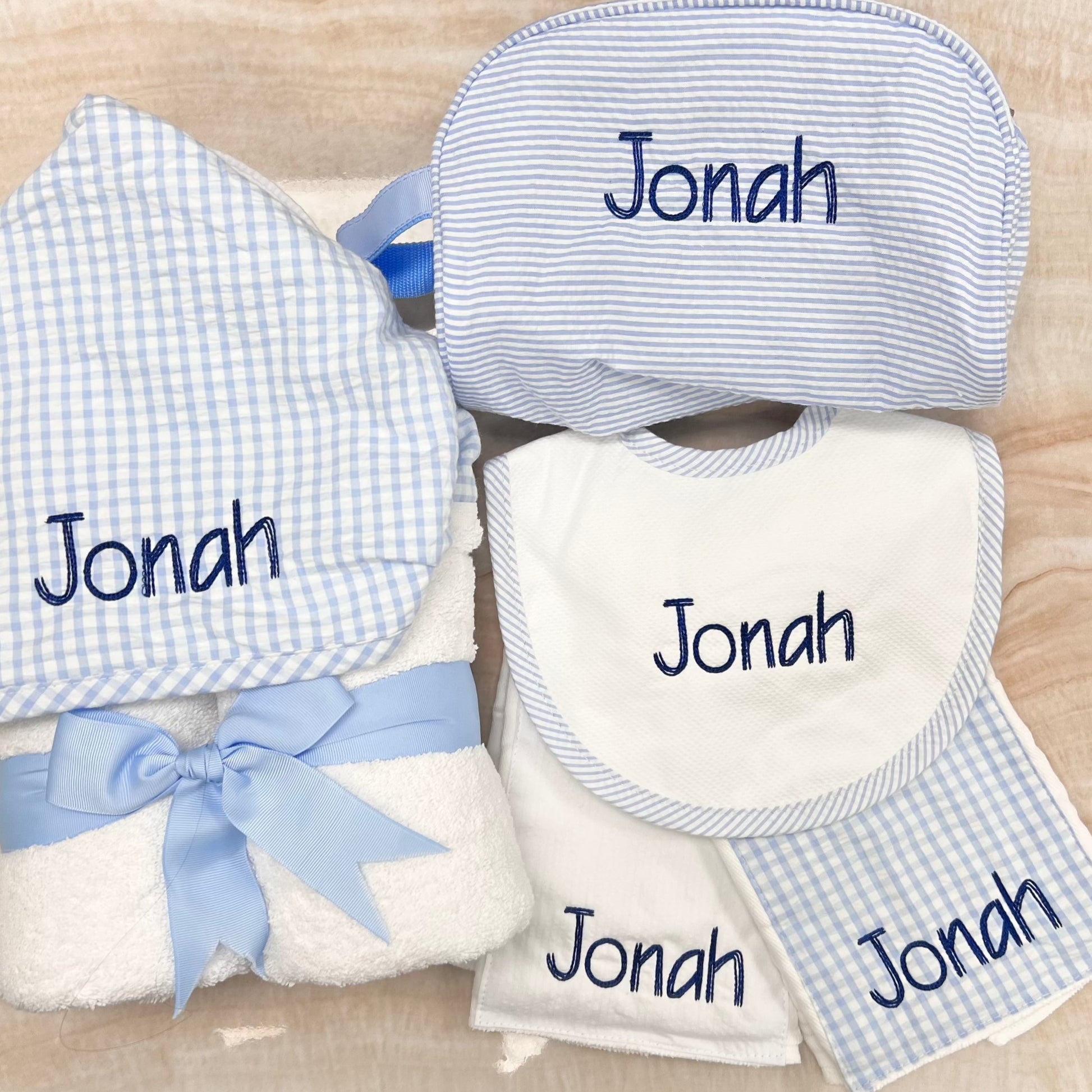 Personalized Baby Boy Blue Seersucker Stripe Pique Medium Bib - Give Wink