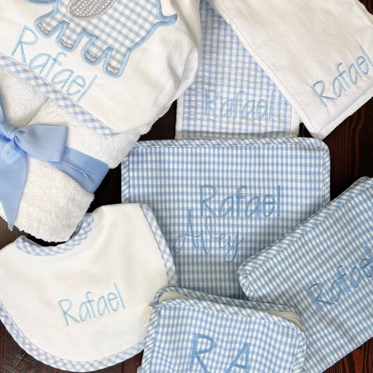 Personalized Baby Boy Blue Gingham Pique Medium Bib - Give Wink