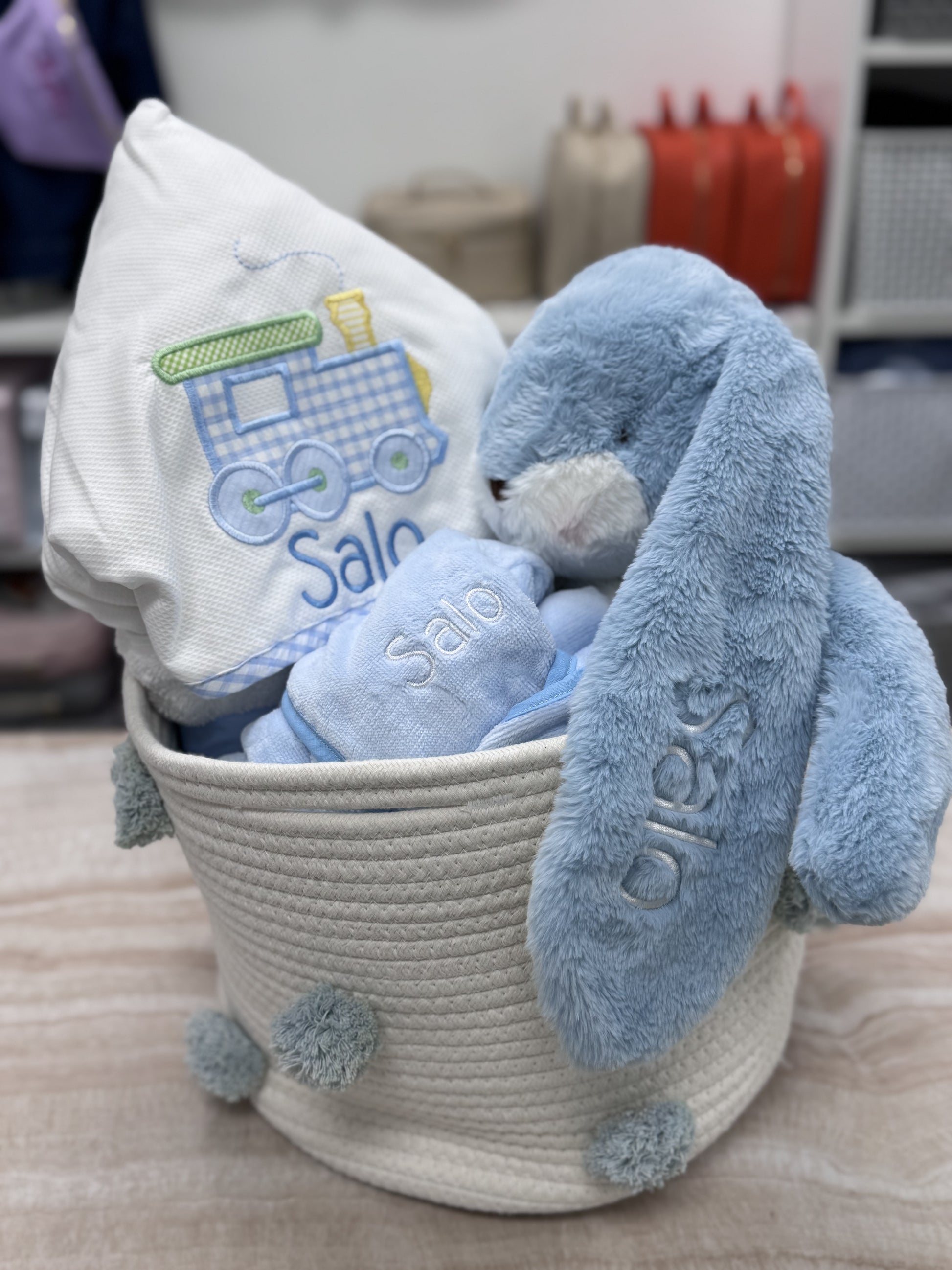 Personalized Baby Boy Blue Pastel Train Hooded Towel - Give Wink
