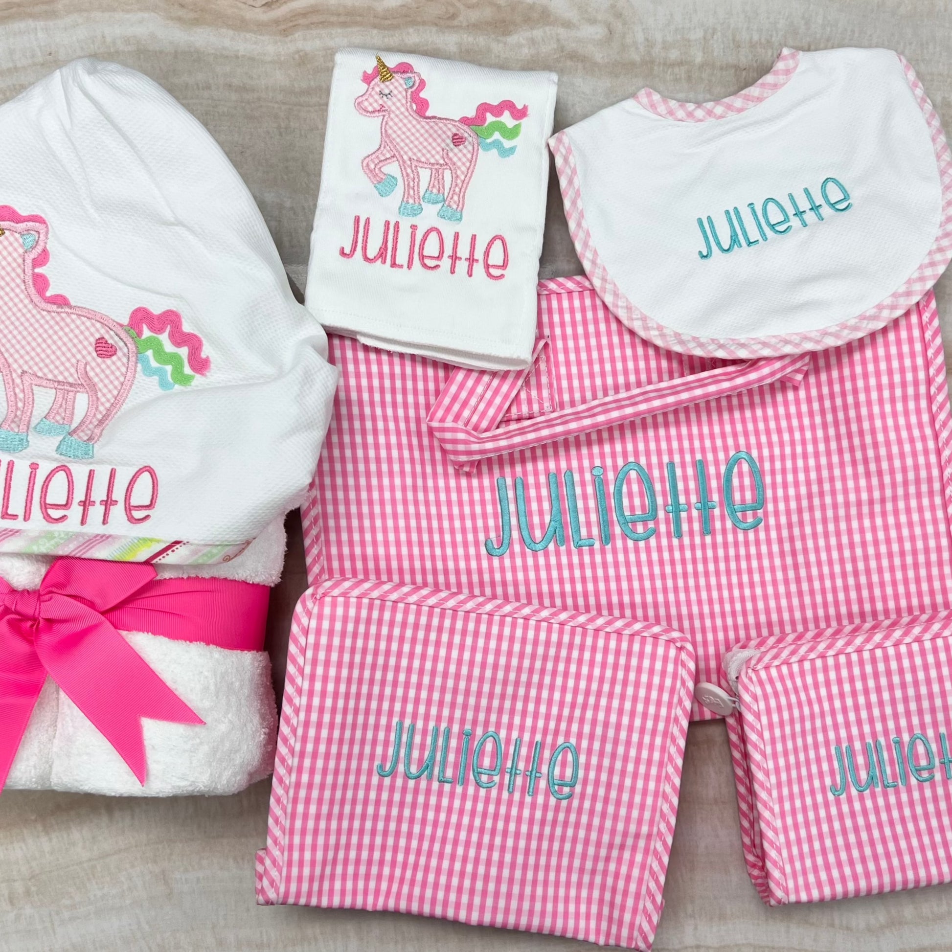 Personalized Baby Girl Pink Gingham Pique Medium Bib - Give Wink