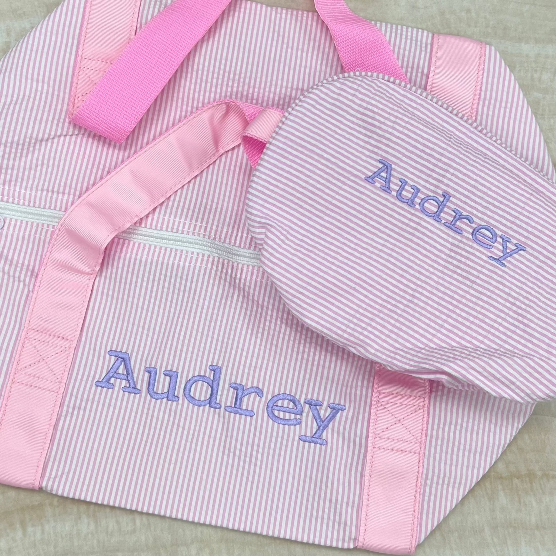 Personalized Seersucker Baby Pink Duffel Bag - Give Wink