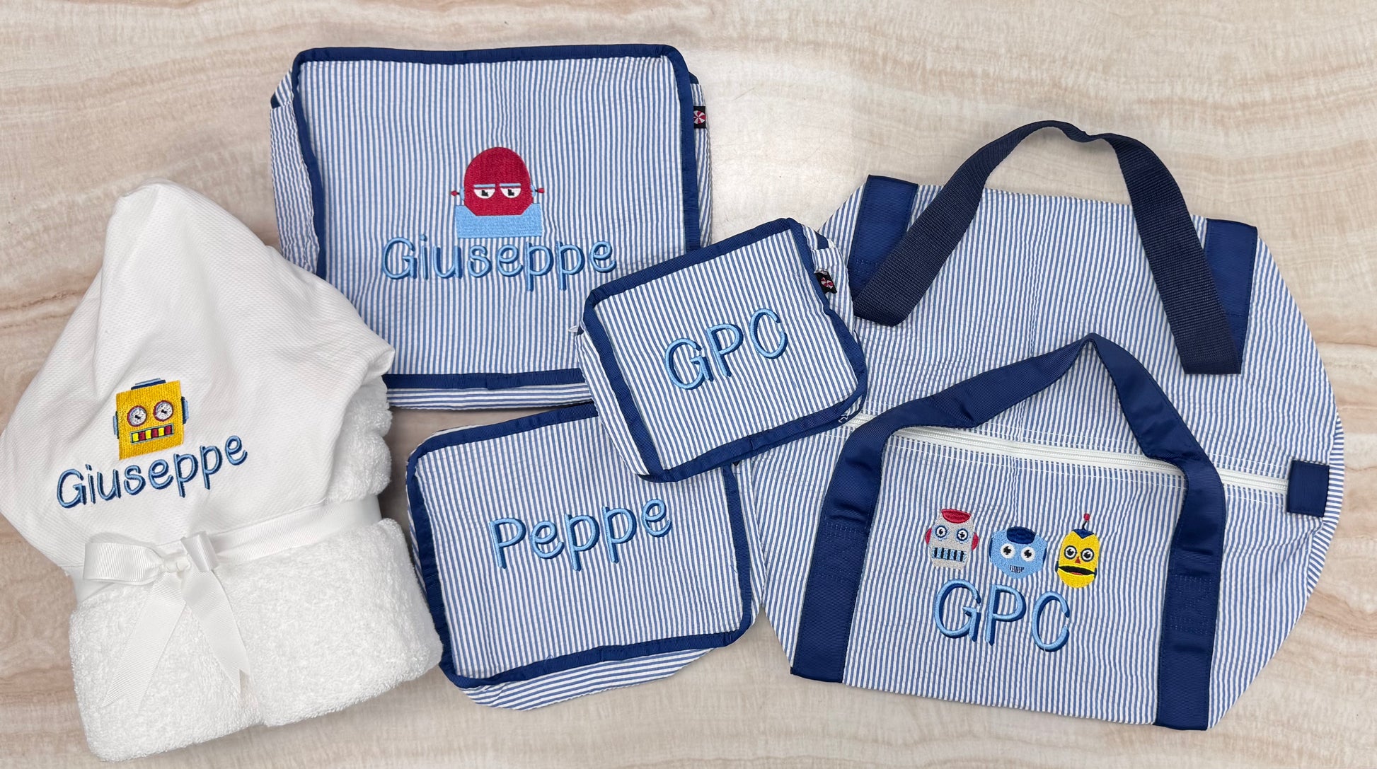 Personalized Seersucker Blue Navy Duffel Bag - Give Wink