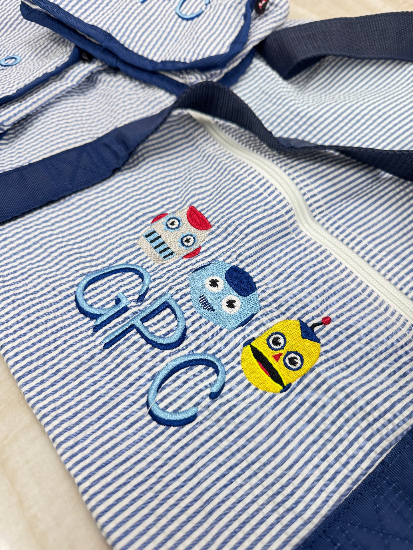 Personalized Seersucker Blue Navy Duffel Bag - Give Wink