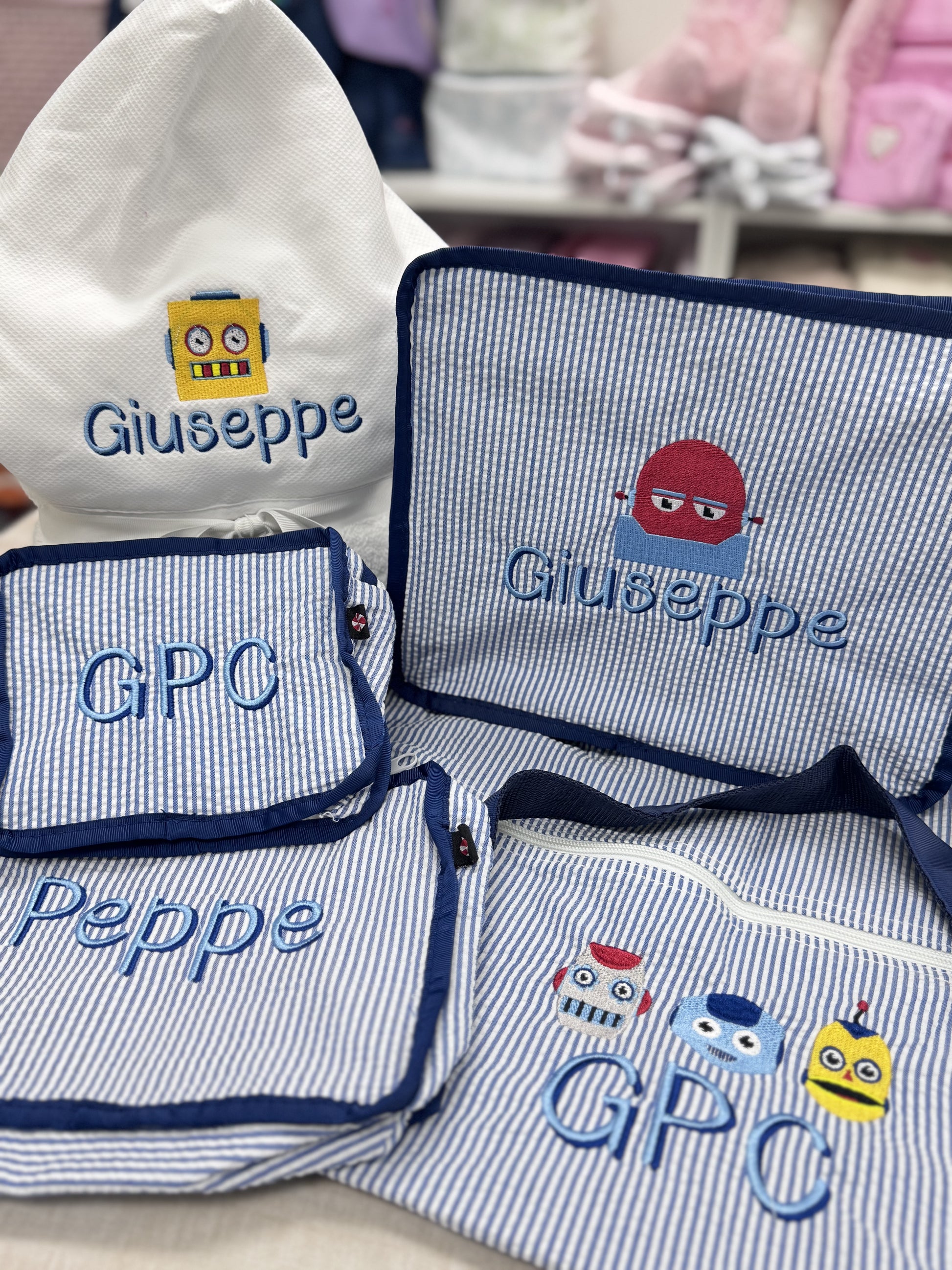Personalized Seersucker Blue Navy Organizing Trio - Give Wink