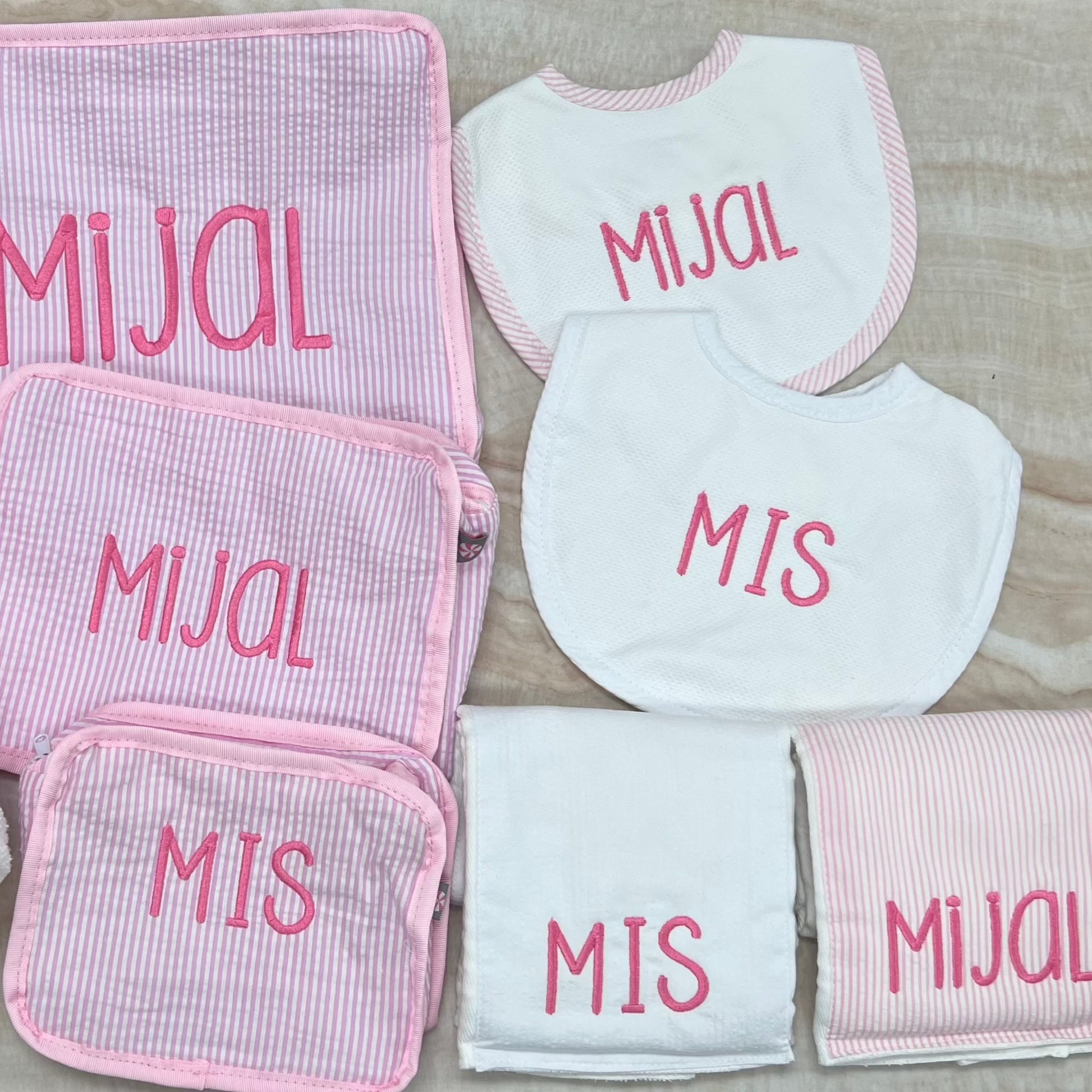 Personalized Baby Girl Pink Seersucker Set of 2 Burps - Give Wink