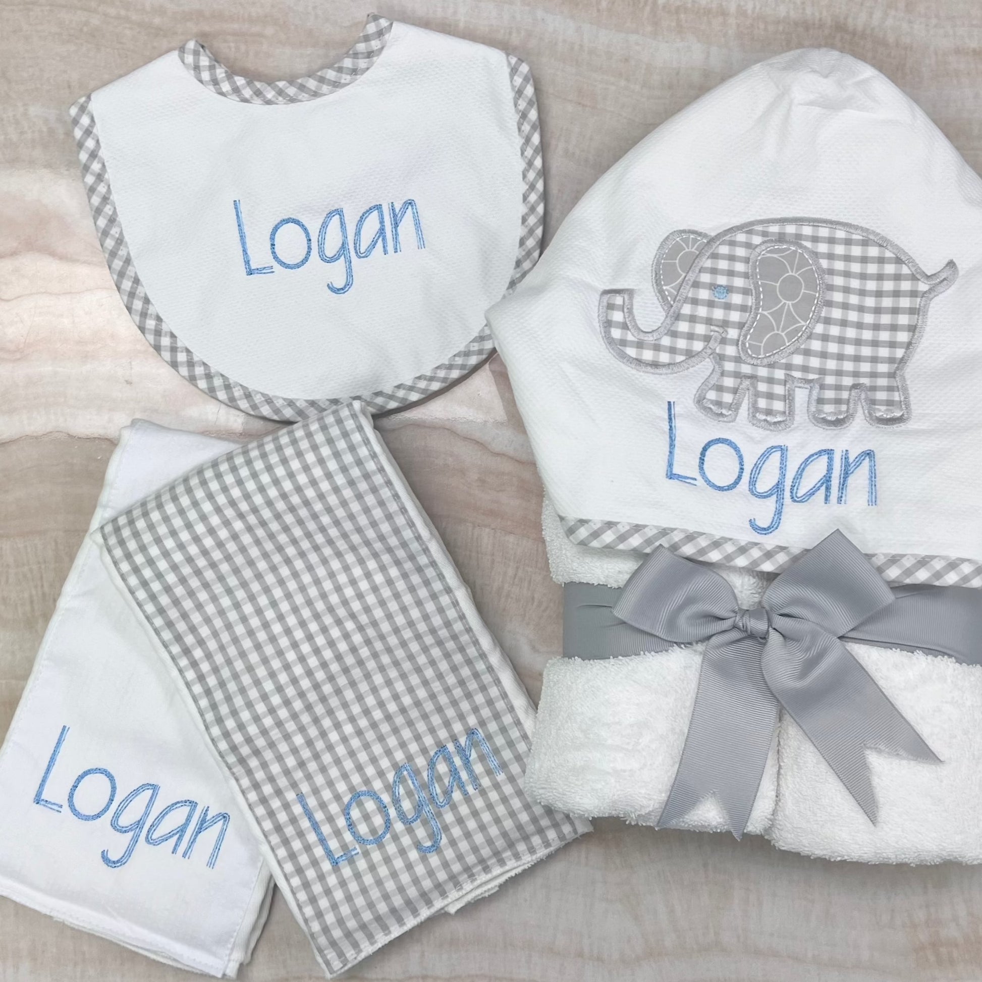 Personalized Grey Gingham Pique Medium Bib - Give Wink