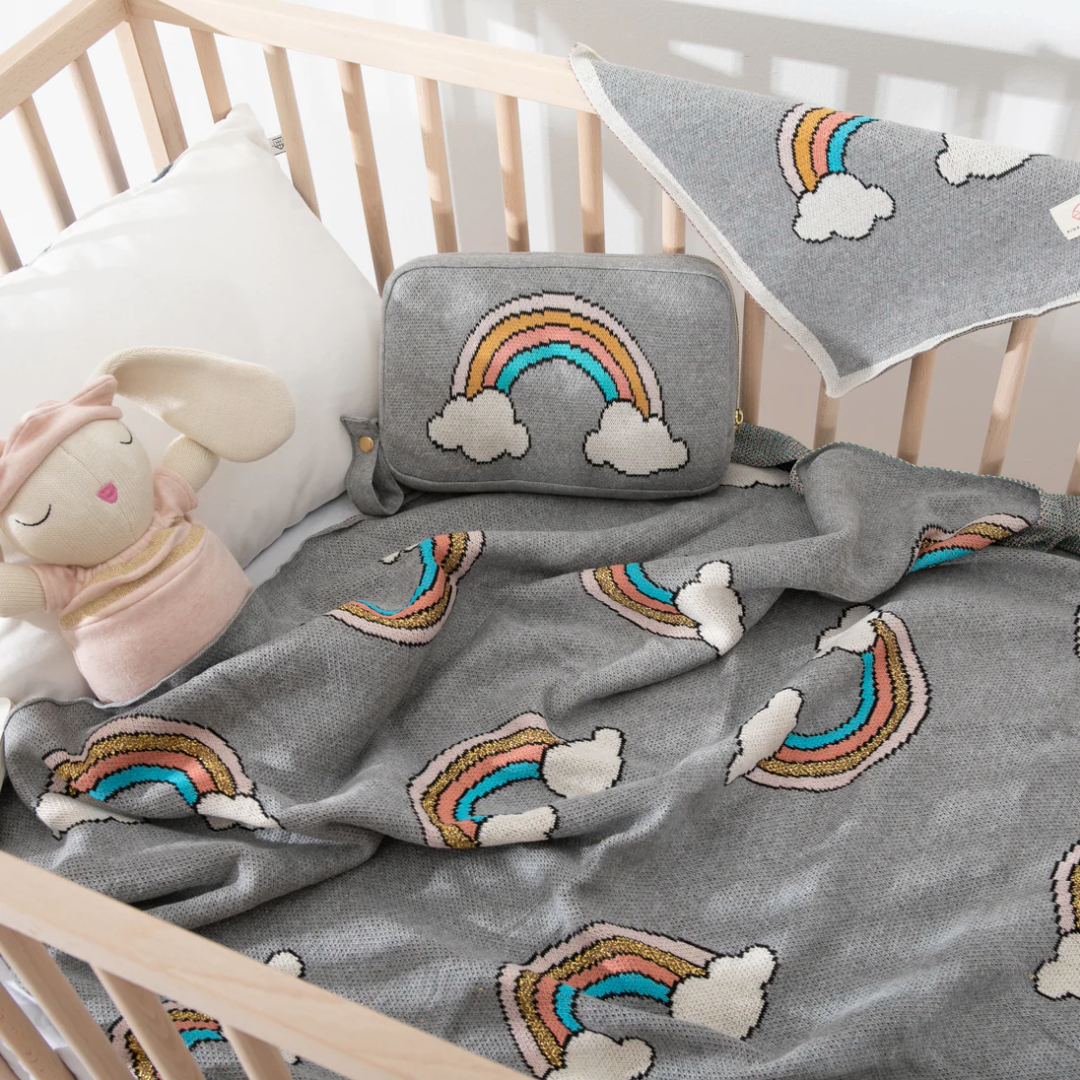 Personalized Baby Travel Set Grey / Gold Rainbow 3 Piece Knitted - Give Wink