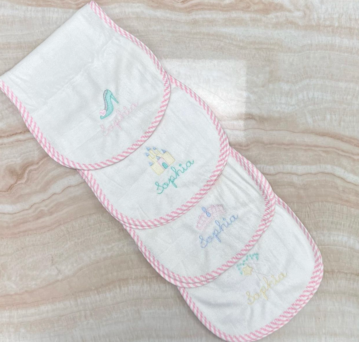 Personalized Organic Bamboo Seersucker Pink Terry Burp Cloths 4 Pack - Give Wink