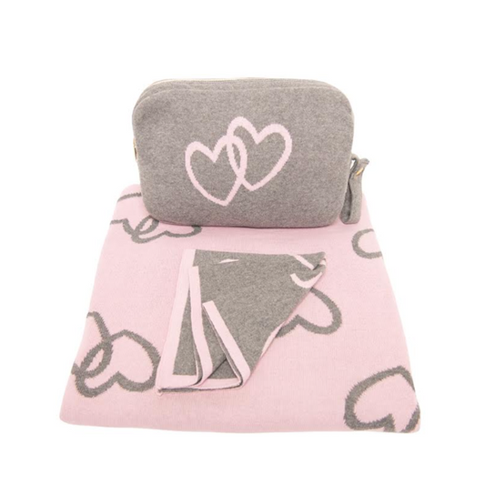 Twin Hearts 3 Piece Baby Knitted Travel Set - Grey / Lt. Pink - Give Wink
