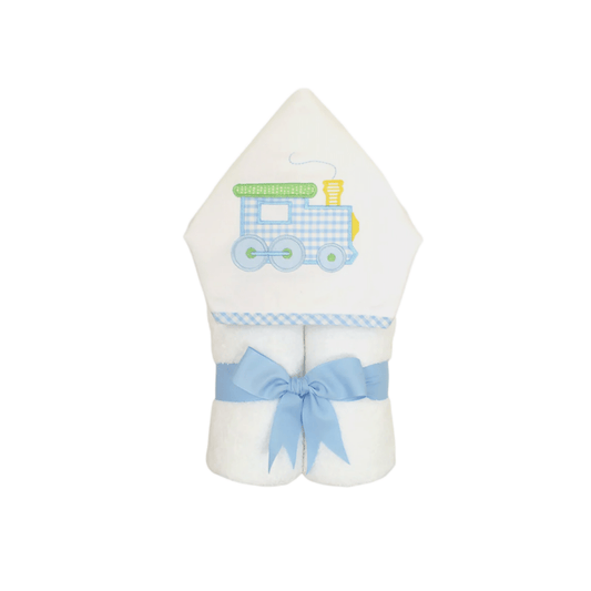 Personalized Baby Boy Blue Pastel Train Hooded Towel - Give Wink