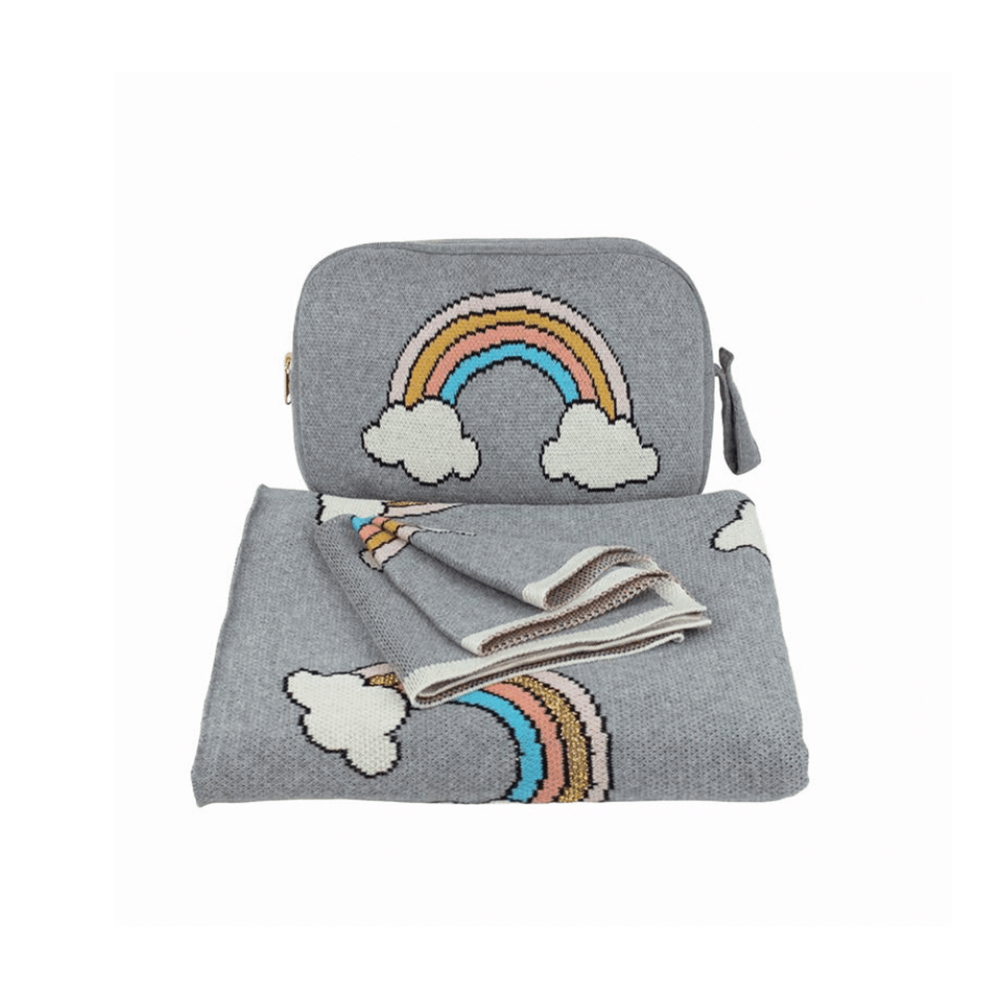 Personalized Baby Travel Set Grey / Gold Rainbow 3 Piece Knitted - Give Wink