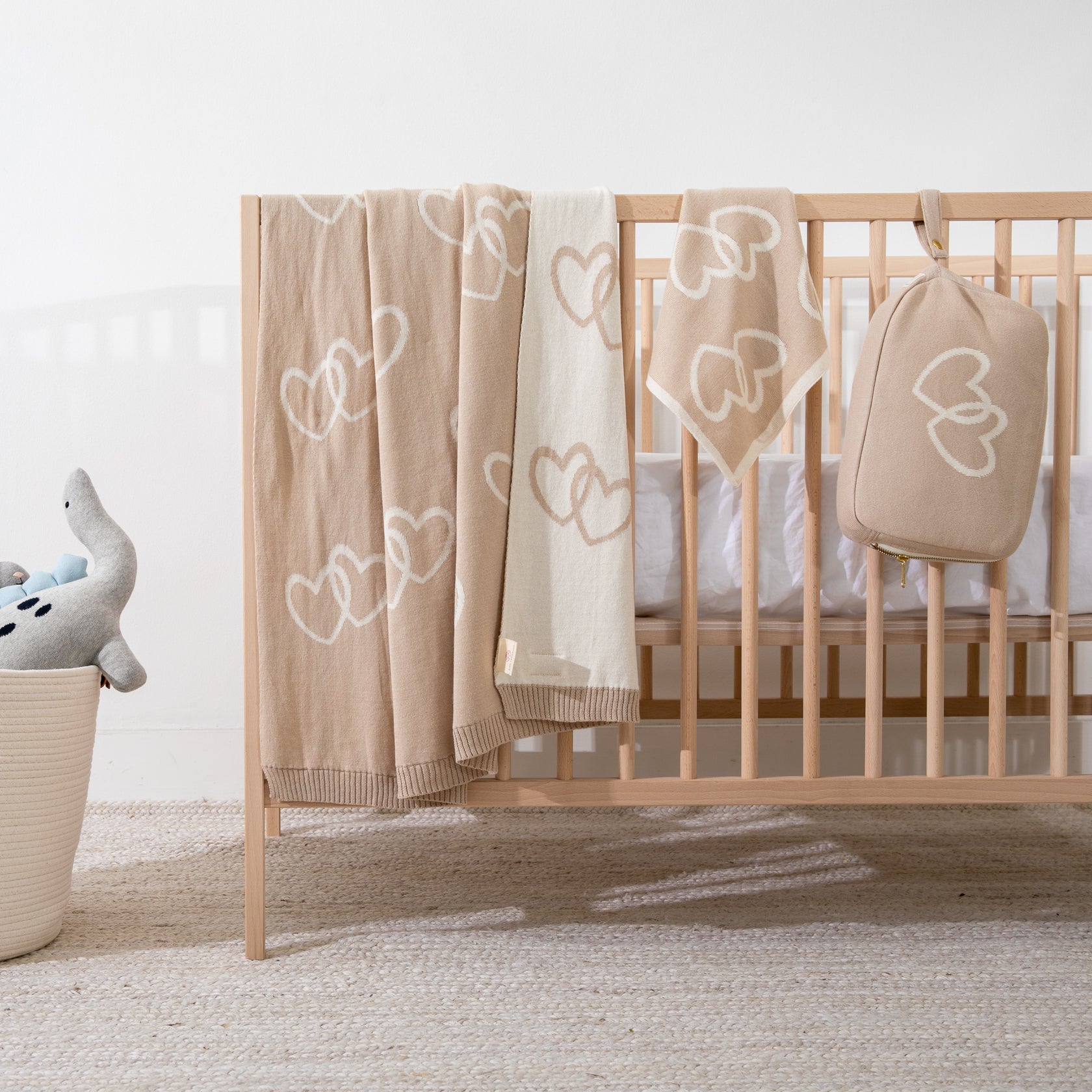 Twin Hearts 3 Piece Baby Knitted Travel Set - Natural / Linen - Give Wink