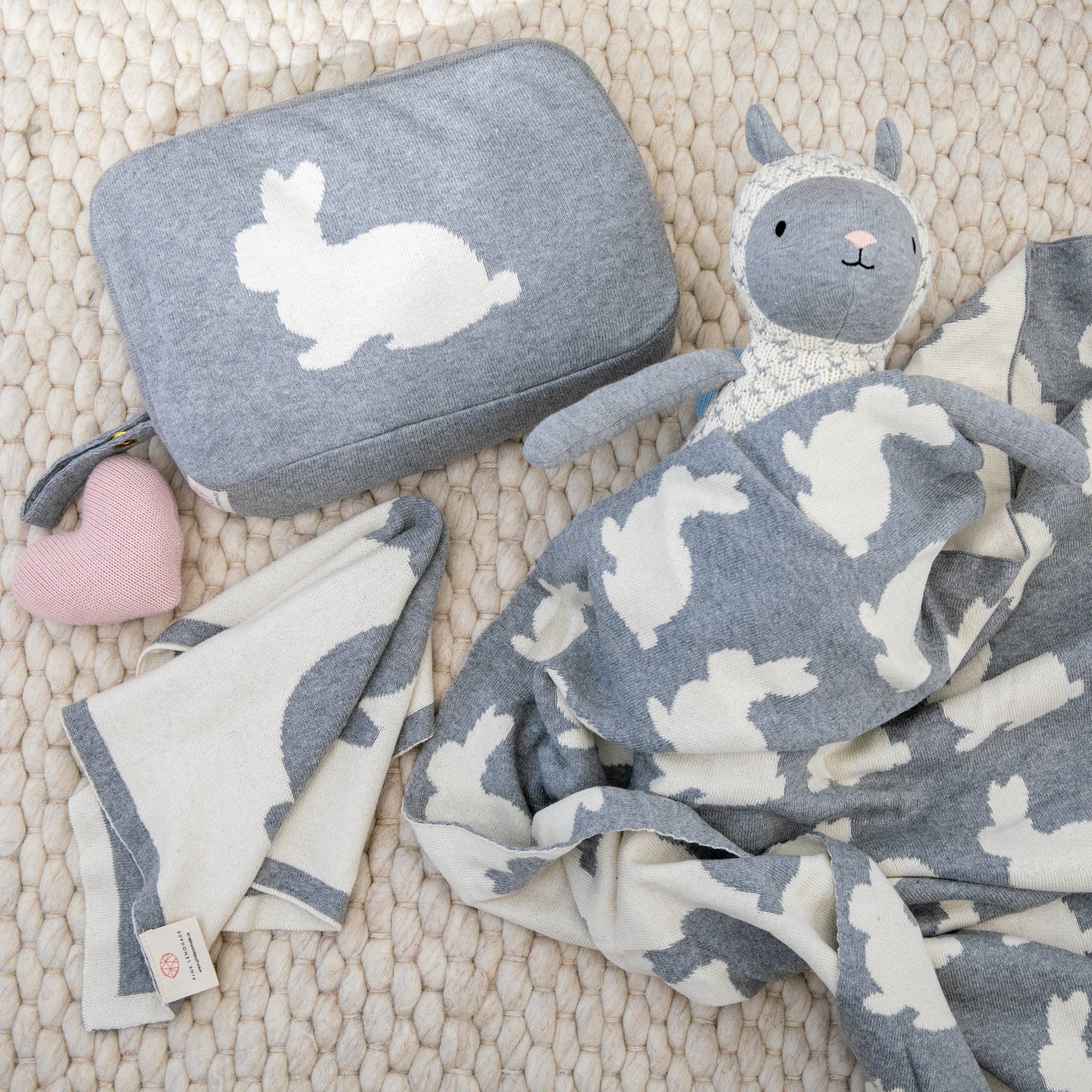 Bunny 3 Piece Knitted Baby Travel Set - Grey / Natural - Give Wink