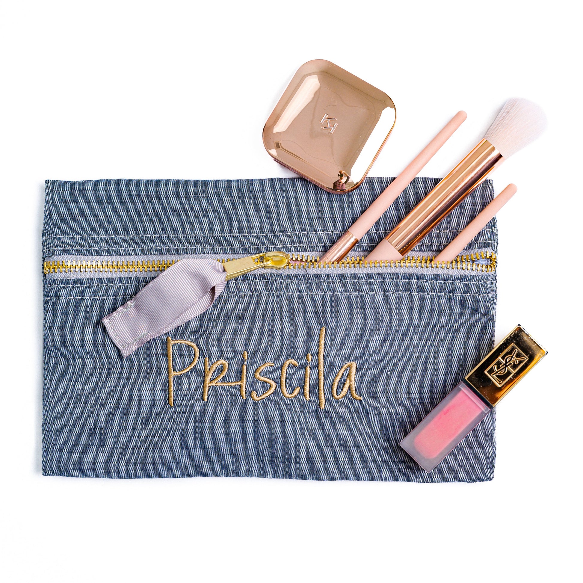 Personalized Chambray Grey Flat Pouch - Give Wink