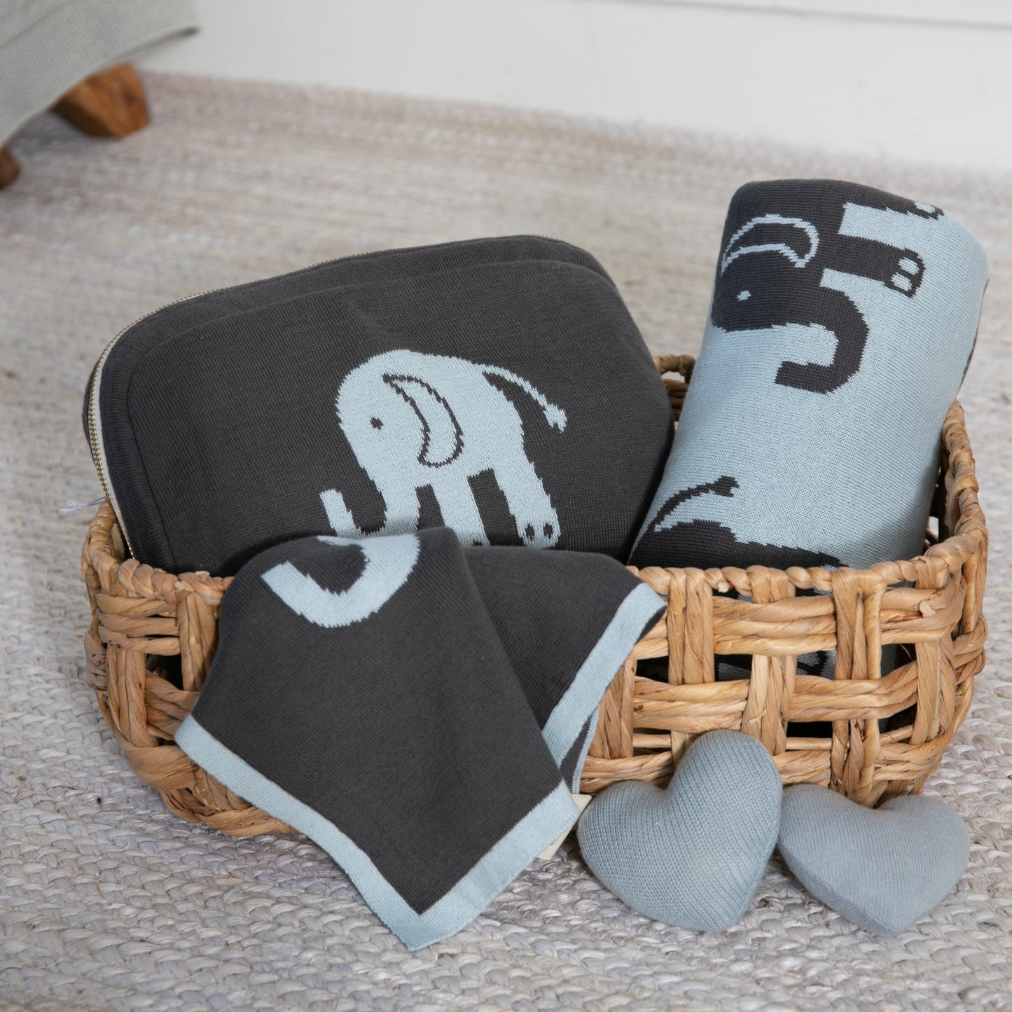 Elephant 3 Piece Knitted Baby Travel Set - Blue / Grey - Give Wink
