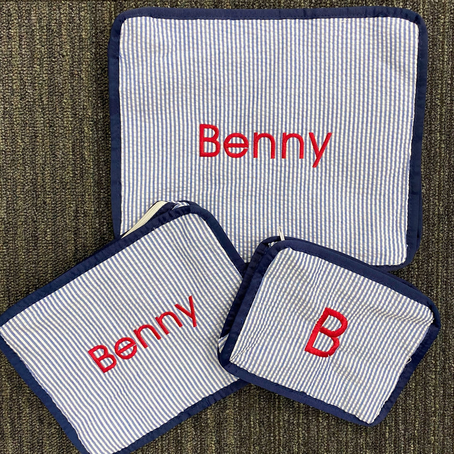 Personalized Seersucker Blue Navy Organizing Trio - Give Wink