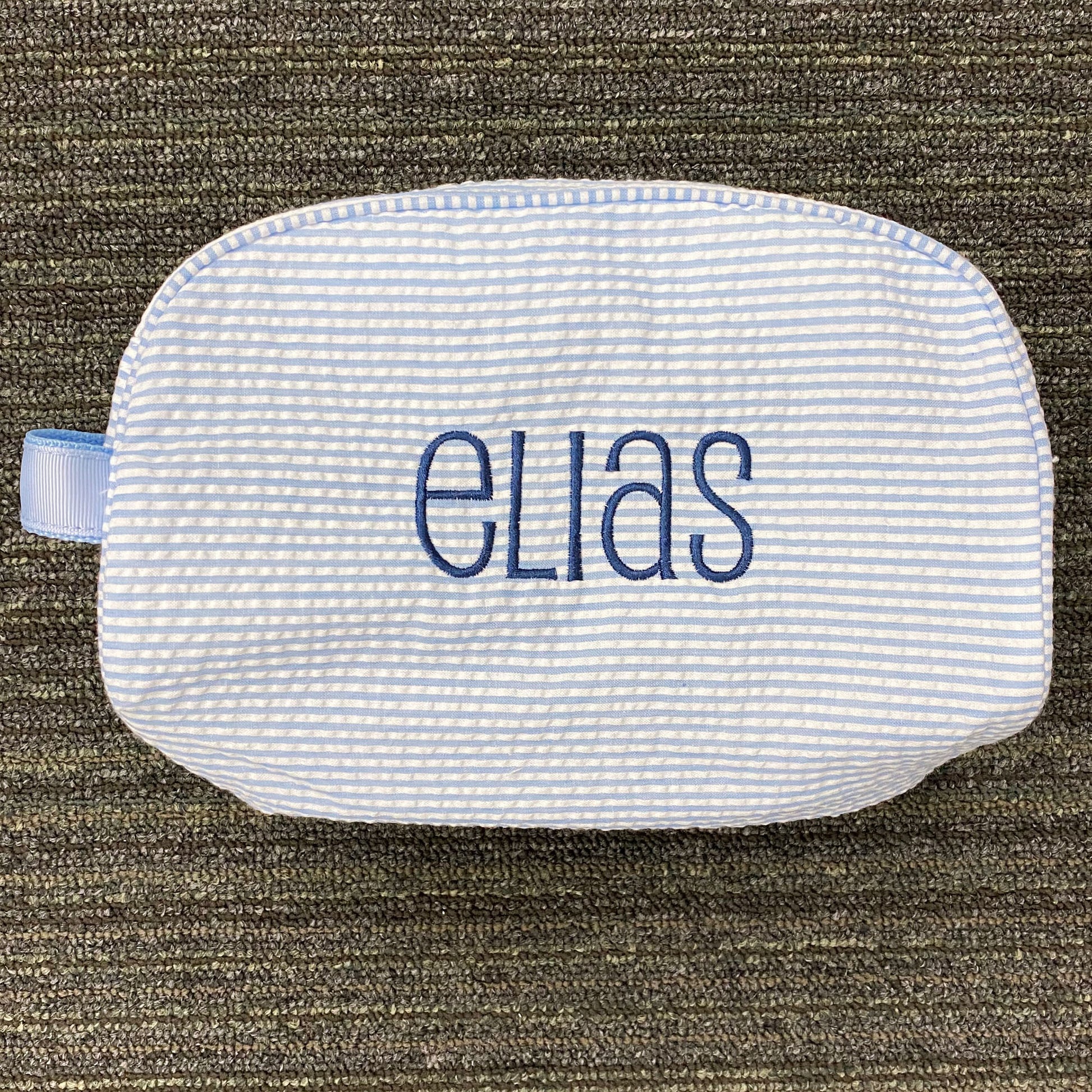 Personalized Seersucker Baby Blue Traveler Pouch - Give Wink