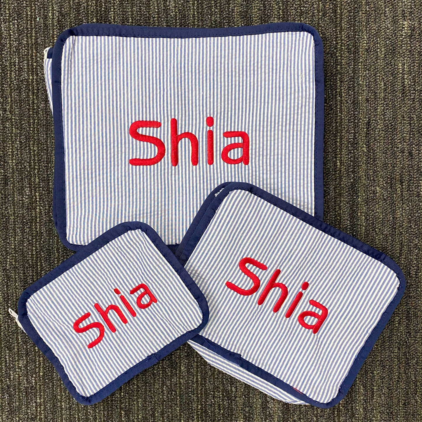 Personalized Seersucker Blue Navy Organizing Trio - Give Wink