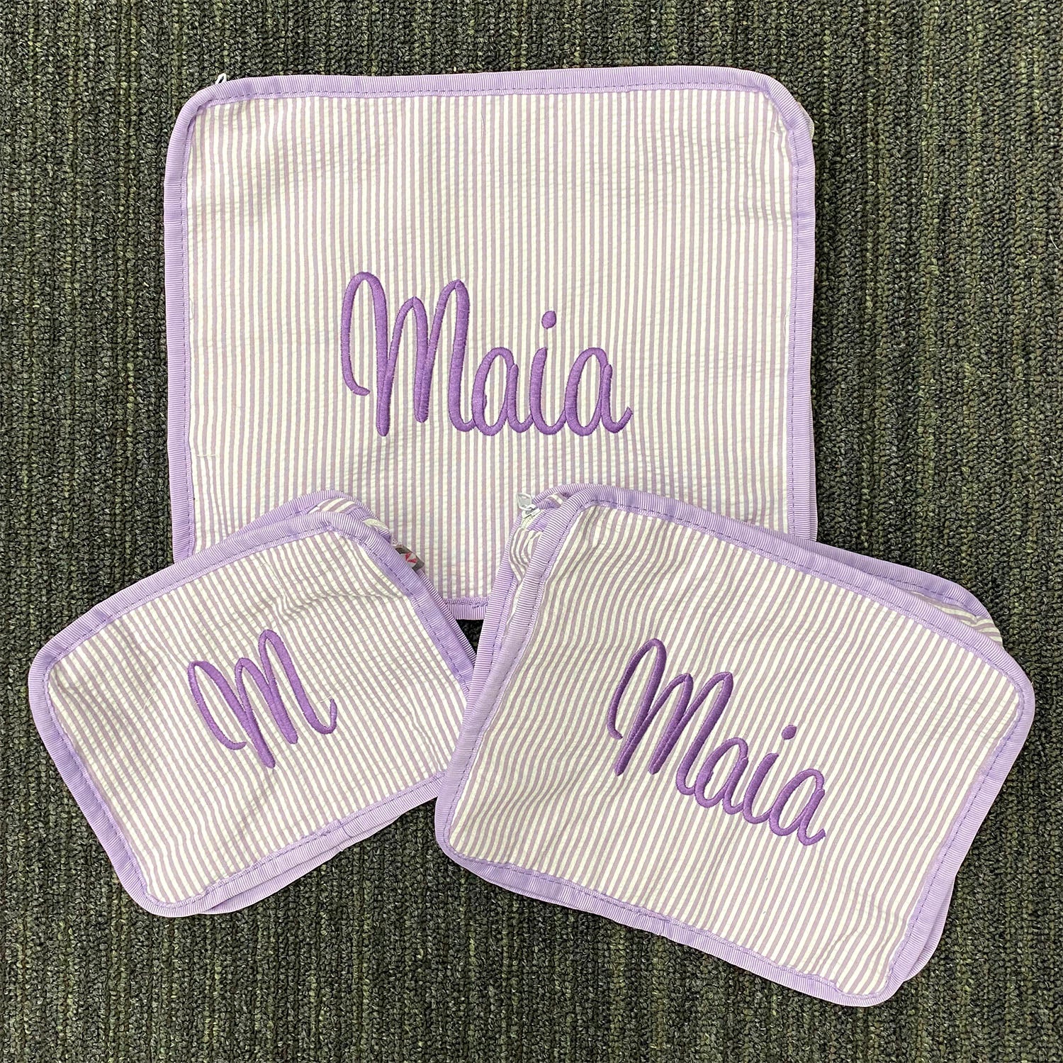 Personalized Seersucker Lilac Organizing Trio - Give Wink