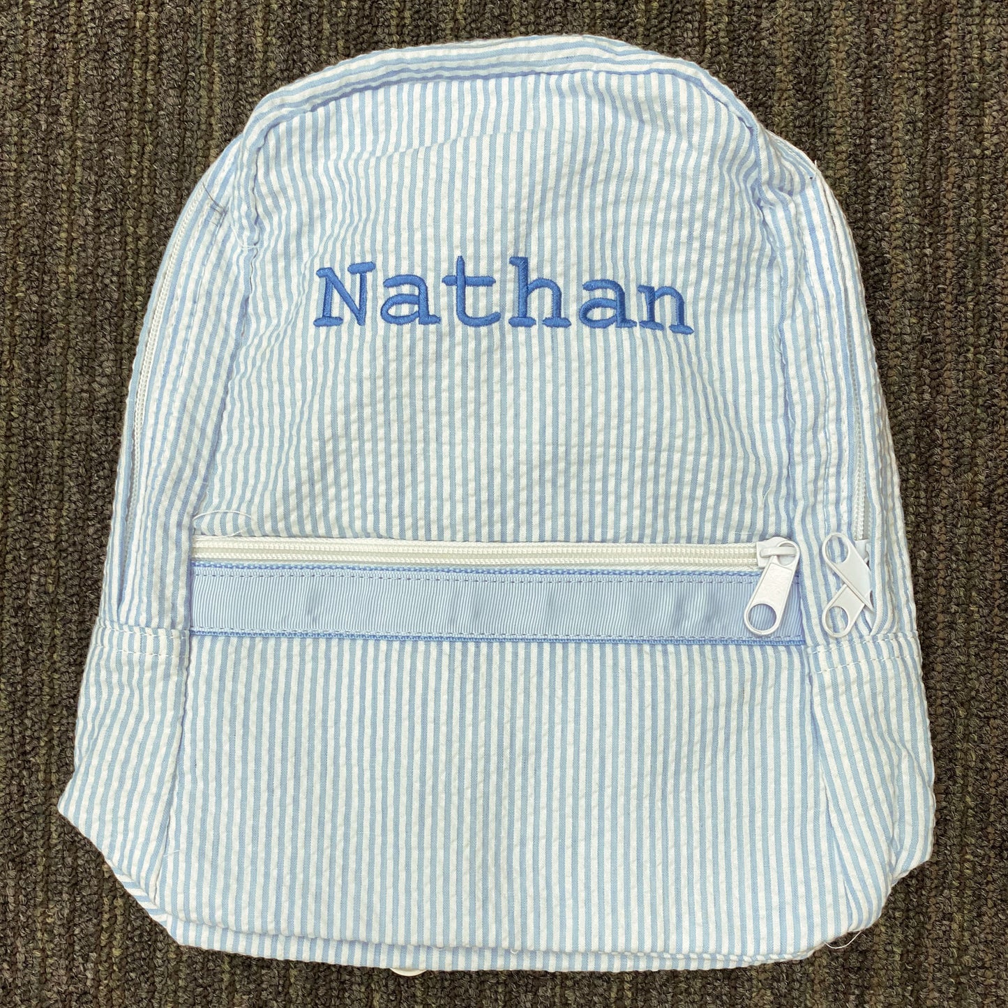 Personalized Seersucker Baby Blue Small Backpack - Give Wink