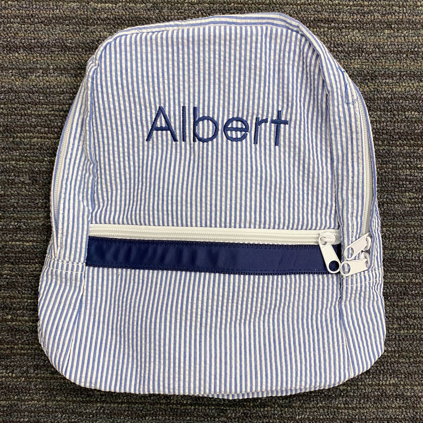 Personalized Seersucker Blue Navy Small Backpack - Give Wink