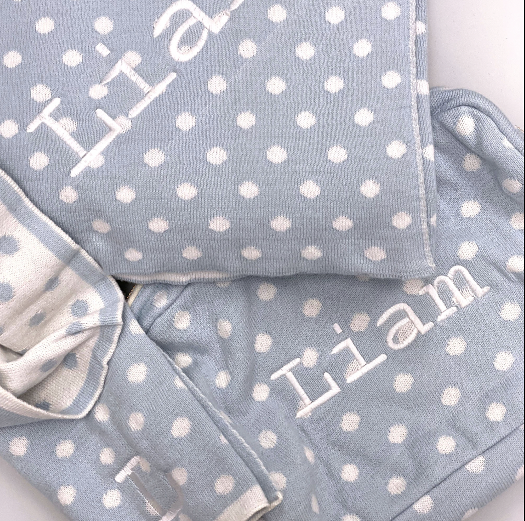 Polka Dots 3 Piece Knitted Baby Travel Set -  Blue / Natural - Give Wink