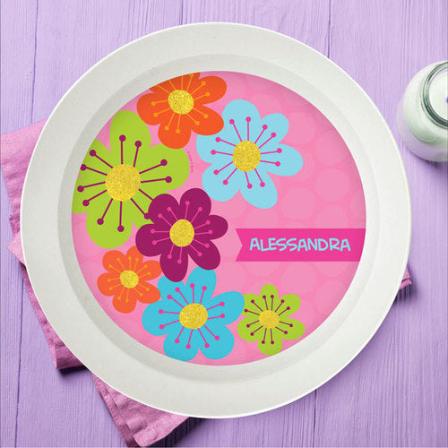 Shiny Bold Flowers Personalized Kids Bowl - Give Wink
